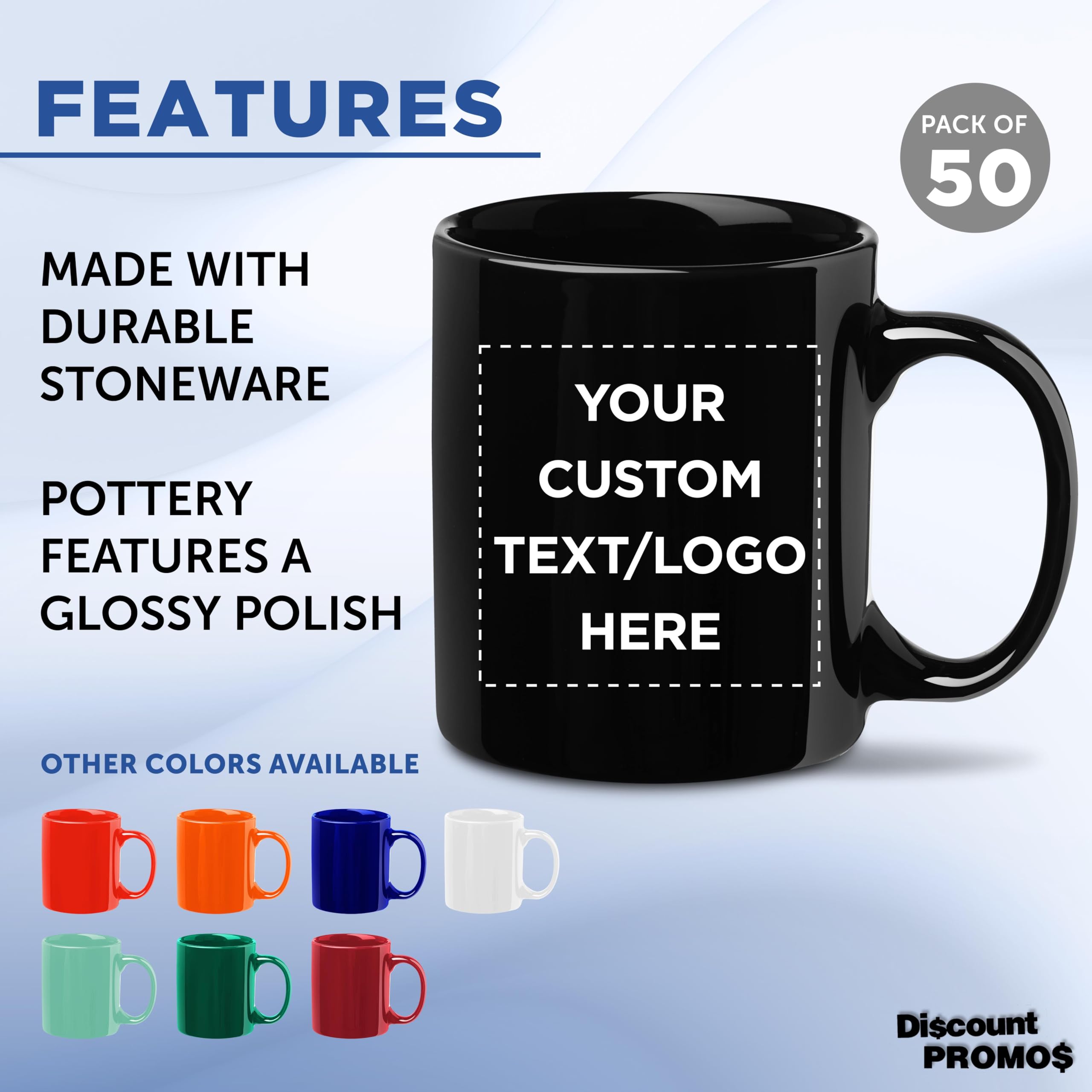 Custom 11 oz Ceramic Coffee Mugs Bulk Set of 50 - Personalized Black Coffee Cups for Hot & Iced Drinks, Gaming, Office Use - Durable Restaurant & Home Kitchen Drinkware