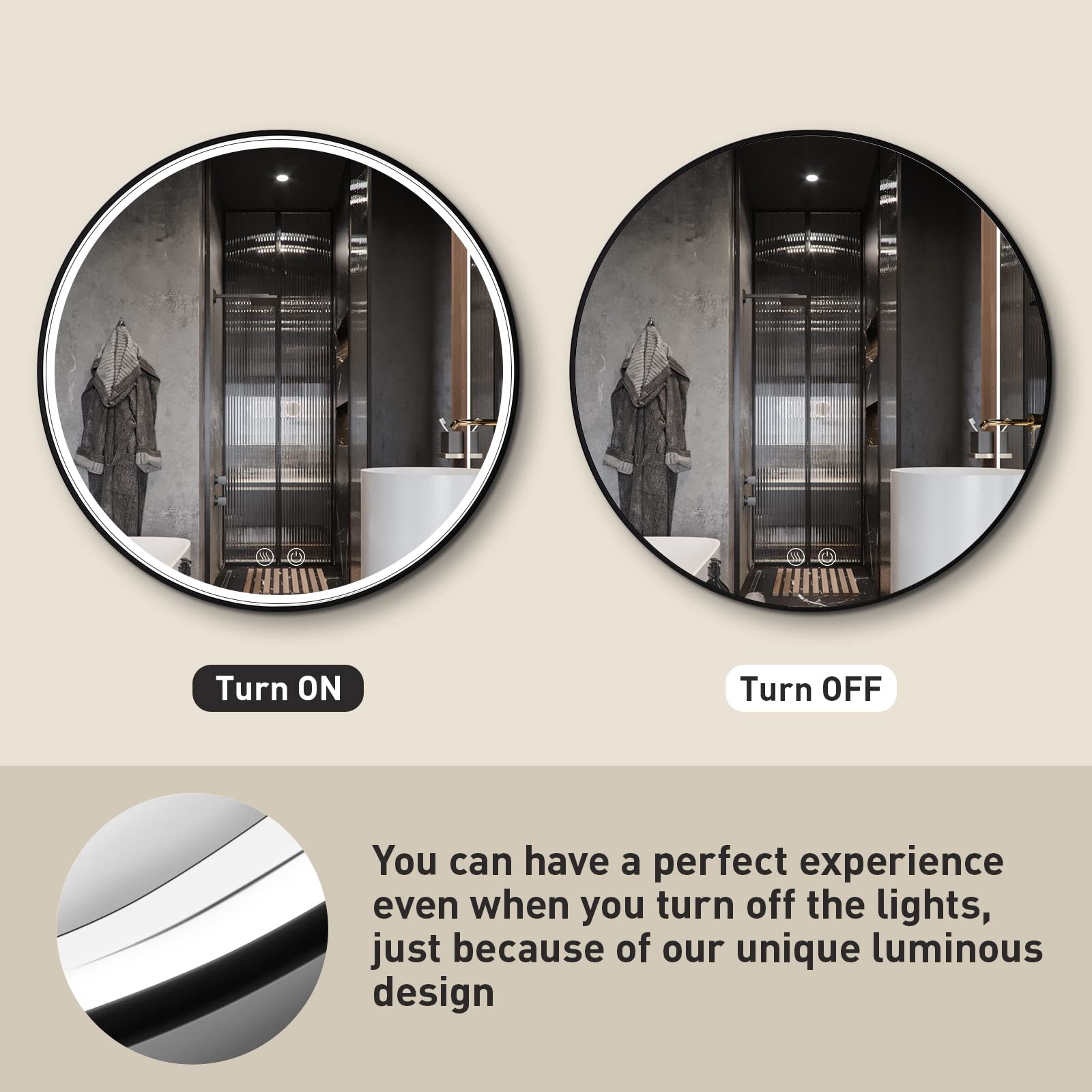24 Inch Round LED Bathroom Mirror with Anti-Fog & Dimmable Touch Switch - Black Metal Frame Vanity Mirror, Waterproof IP54, 90+ CRI - Perfect for Makeup, Shaving & Home Decor