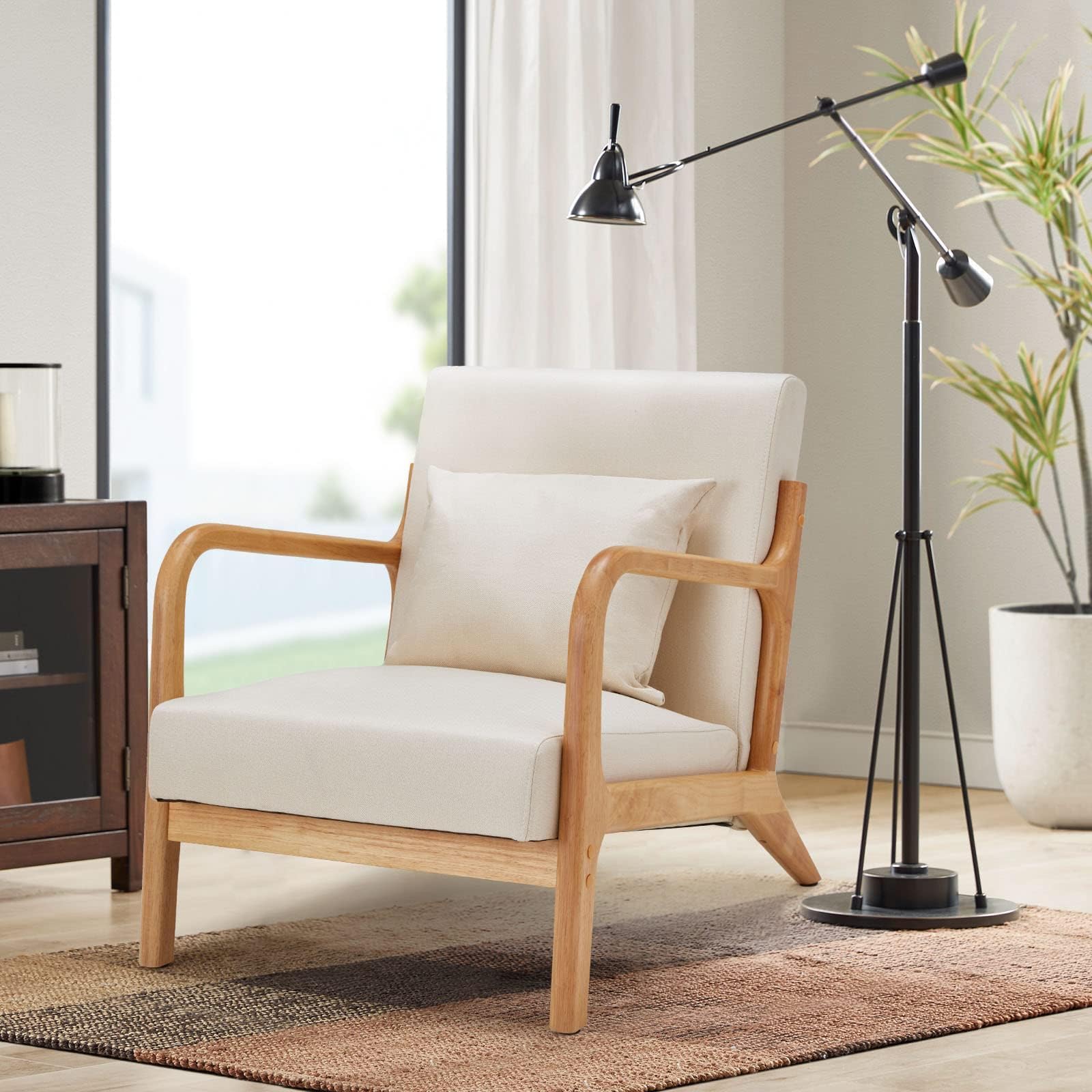 Esright Mid Century Modern Accent Chair - Solid Wood Frame, Upholstered Small Side Chair for Living Room & Bedroom - Comfortable Lounge Reading Armchair in Beige | Perfect for Small Spaces, Home Office & Cozy Corners