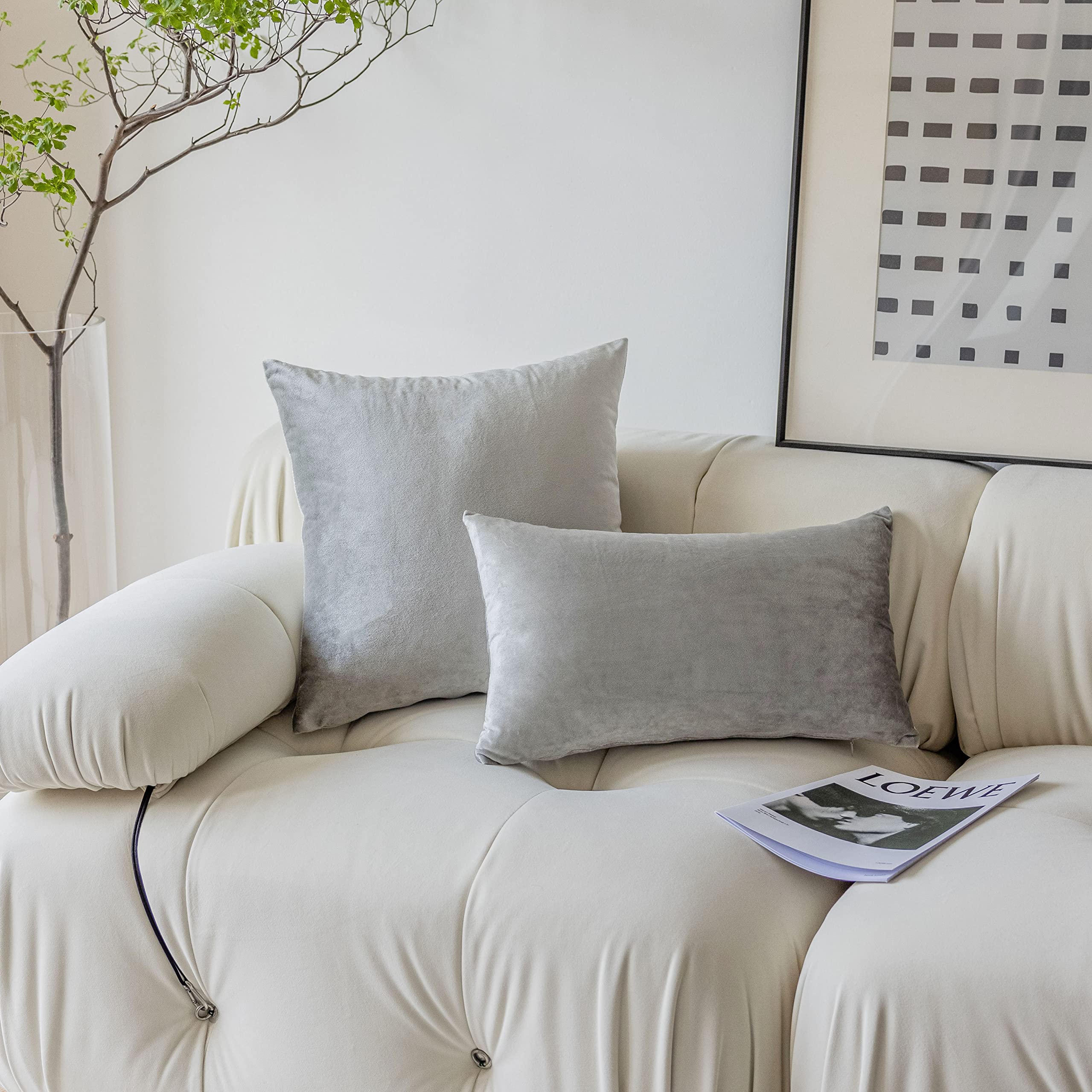 Demetex Grey Velvet Throw Pillow Covers 18x18 Inch - Super Soft Square Decorative Pillow Cases for Sofa, Bed, Bench - Set of 2 Plush Cushion Covers - Home Decor, Living Room, Patio & Balcony Use