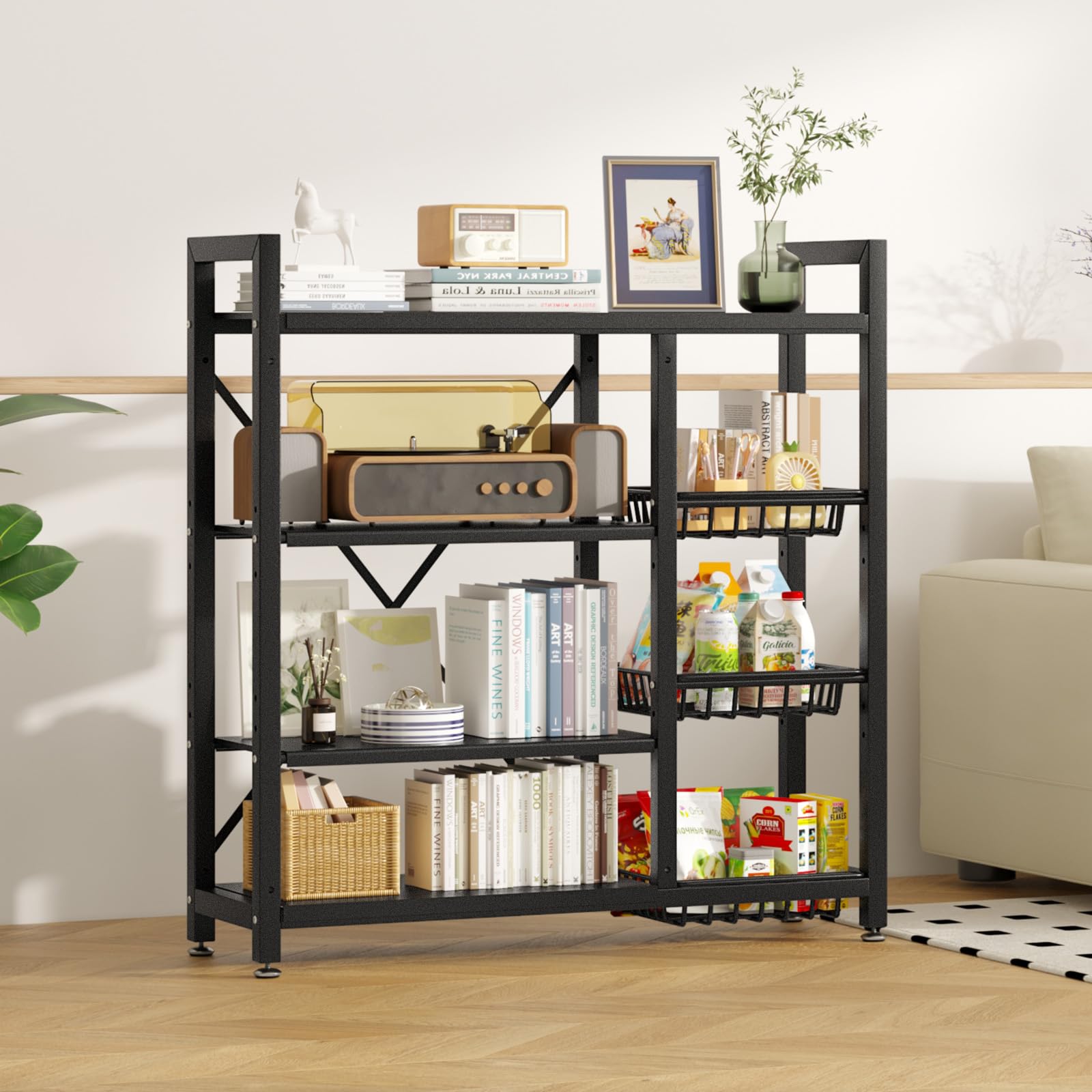 4-Tier Adjustable Metal Storage Shelves with Wheels & 3 Wire Baskets - Heavy Duty Kitchen Organizer for Pantry, Garage, Bathroom, Closet - Perfect Housewarming Gift & Home Organization Solution (Ideal for Small Spaces & DIY Storage)
