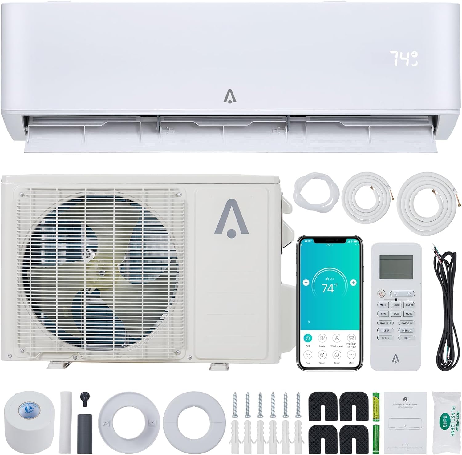 18,000 BTU Mini Split Air Conditioner & Heat Pump - 23 SEER2 Inverter Ductless AC System with Alexa Control - Pre-Charged & Includes Installation Kit - Cools & Heats Rooms up to 1,250 Sq.Ft - Perfect for Bedrooms, Living Rooms & Home Offices