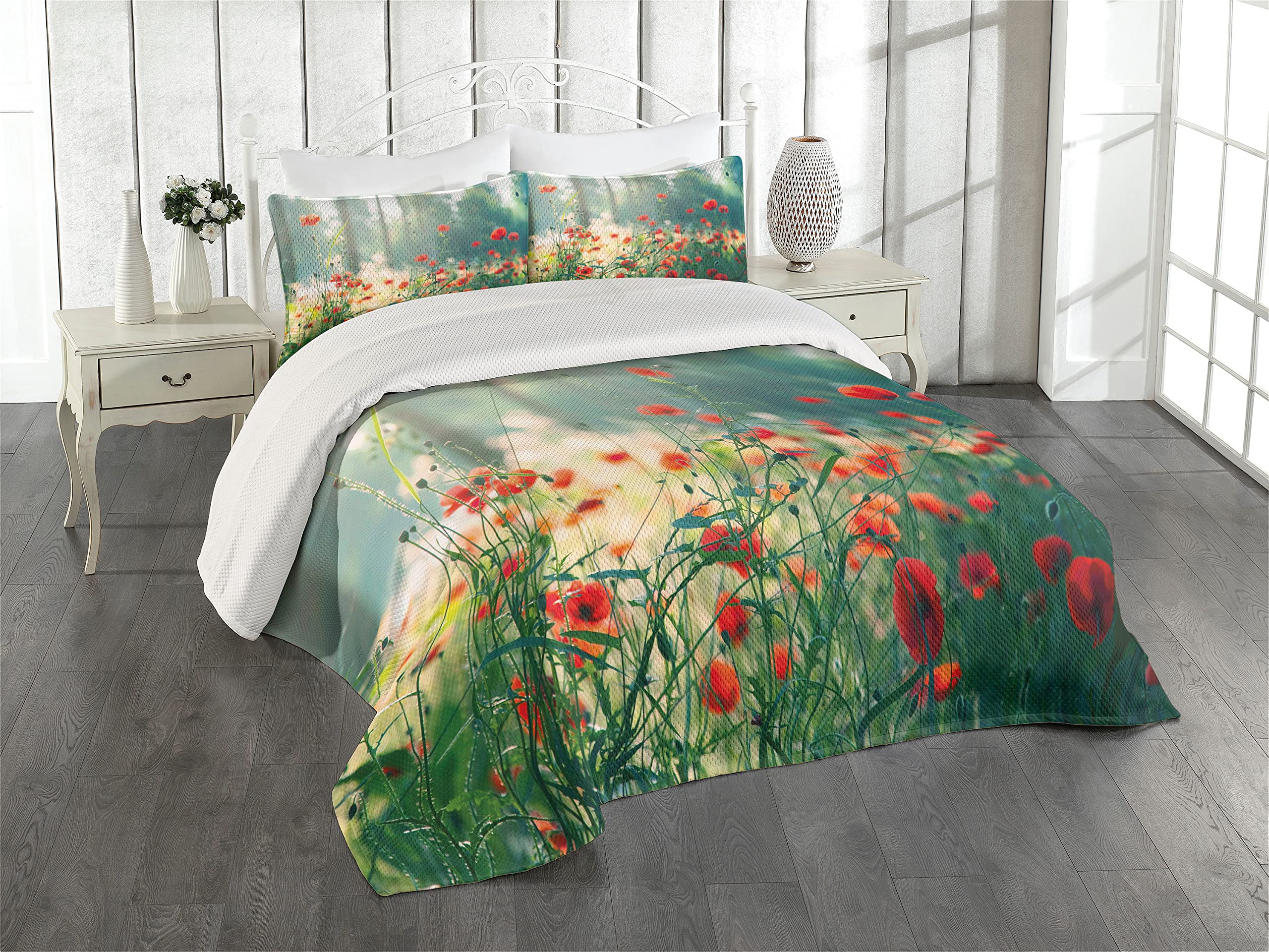 Ambesonne Wild Red Poppy Flowers Quilted Bedspread Set - 3 Piece King Size Bedding with 2 Pillow Shams, Red Green Yellow Botanical Garden Theme | Perfect for Master Bedroom, Guest Room Decor & Nature-Inspired Home Styling