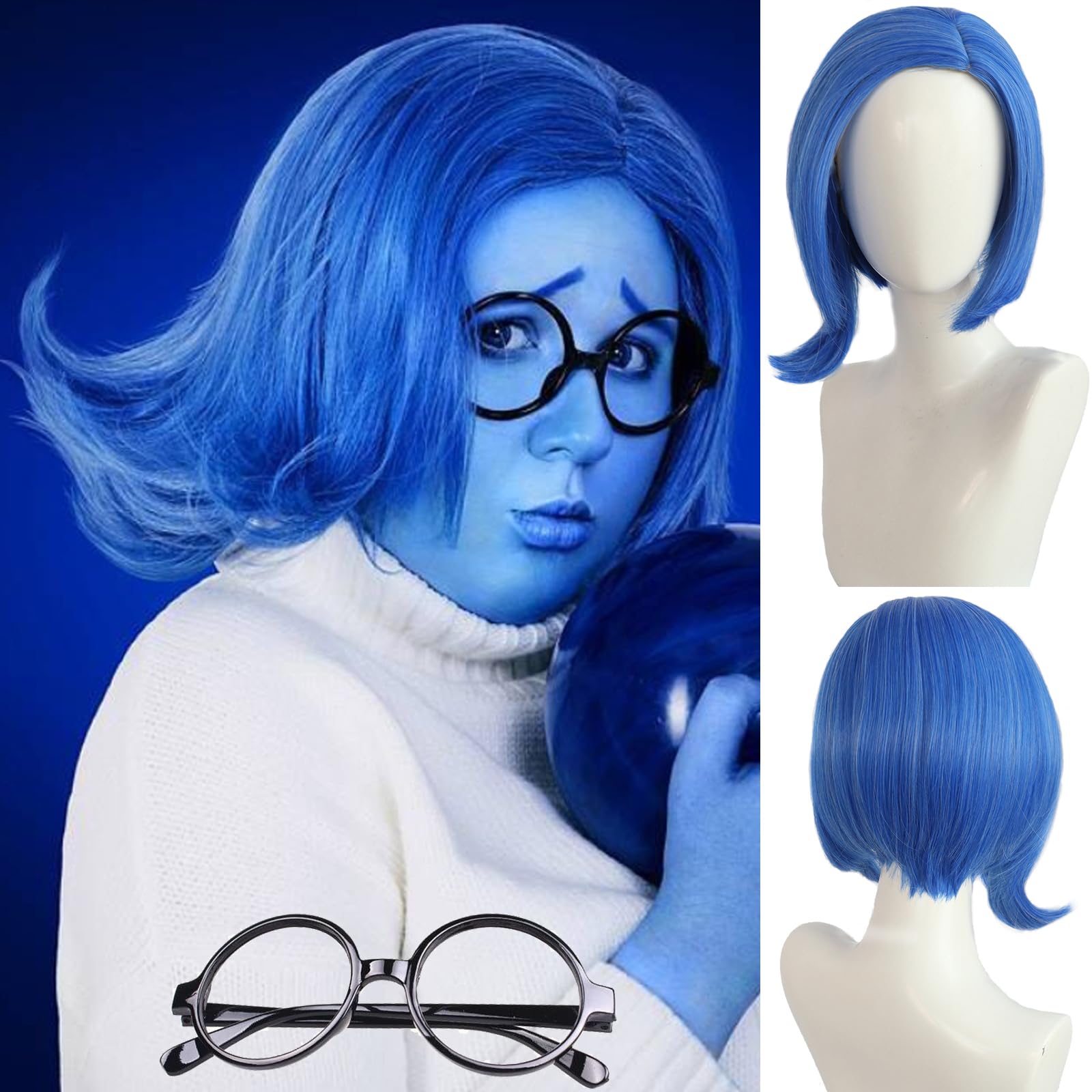 Blue Anime Bob Wig with Black Glasses for Women & Girls - Heat Resistant Synthetic Cosplay Wig for Halloween, Costume Parties & Anime Conventions