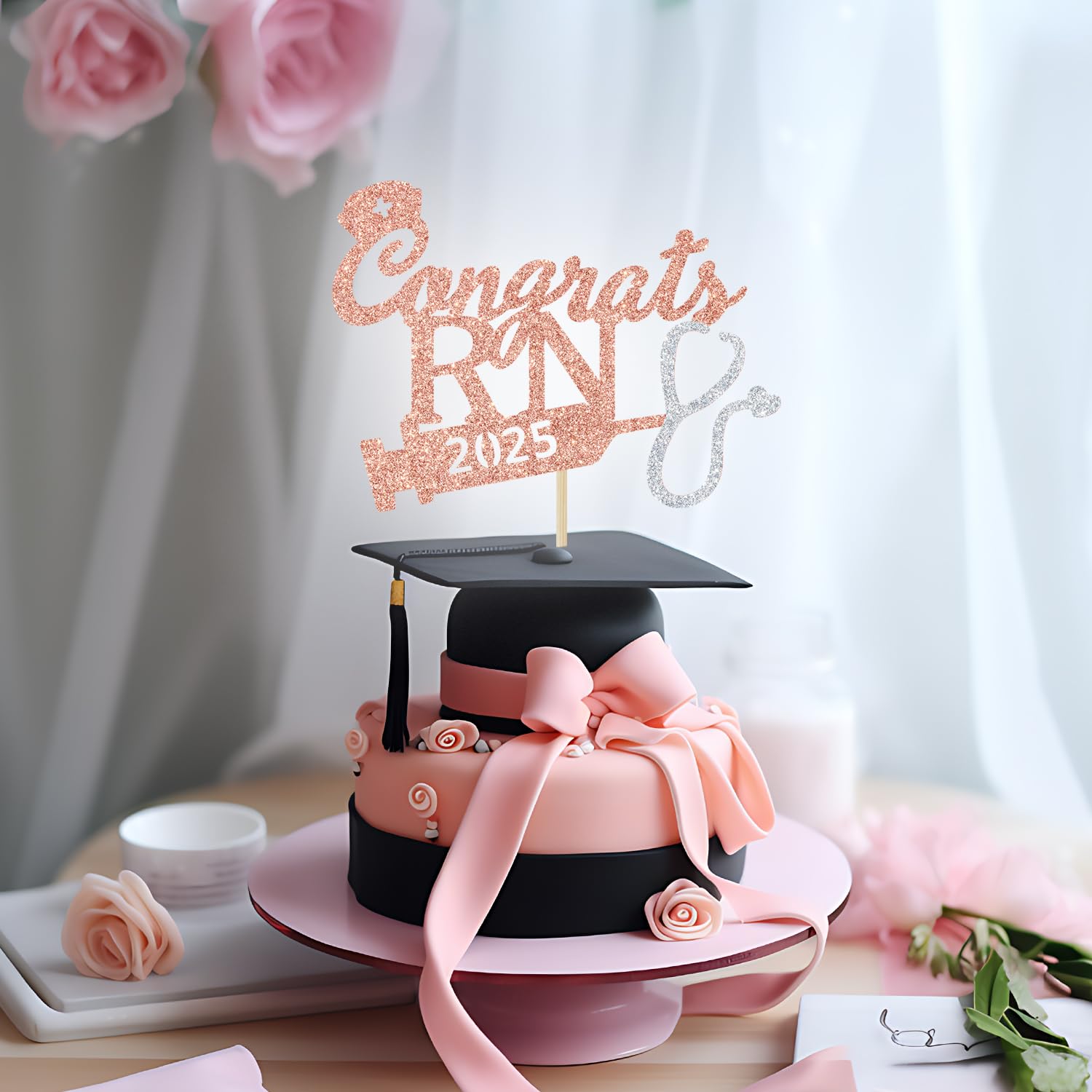Rose Gold Glitter Congrats RN 2025 Cake Topper - 2025 Nursing Graduation Party Decorations, Nurse Graduation Photo Props for RN Graduates | Perfect for Nursing School Graduation Cakes, Nurse-Themed Parties & Graduation Photo Shoots