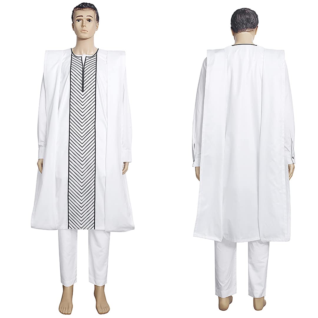 Men's African Agbada 3-Piece Outfit - Embroidered Black & White Dashiki Shirt & Pants Set for Eid Mubarak, Weddings & Special Occasions