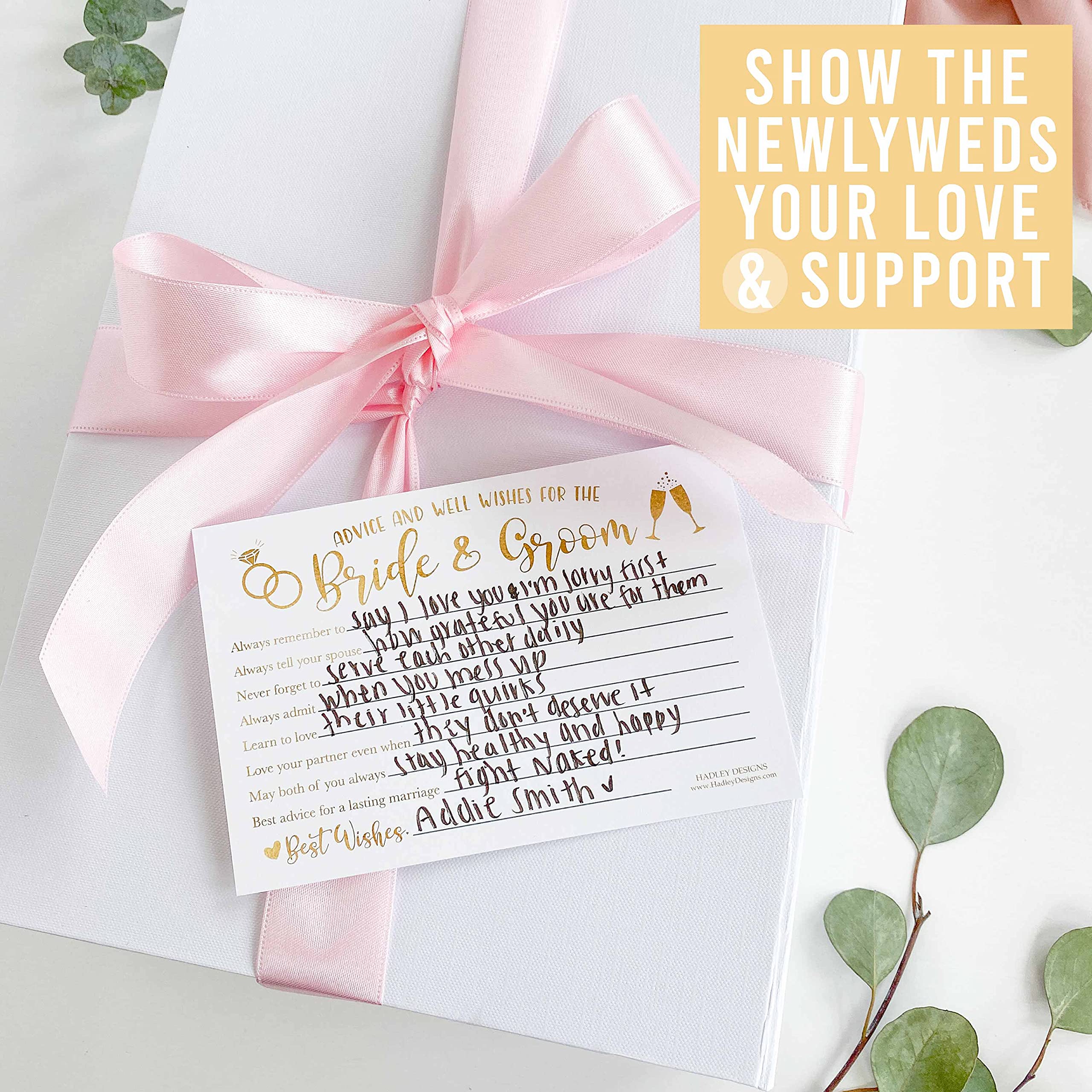 Hadley Designs 50 Advice Cards for Bride & Groom - Fun Bridal Shower Games, Wedding Guest Book Alternative & Reception Card Box - Perfect for Wedding Parties, Bridal Showers & Anniversary Celebrations