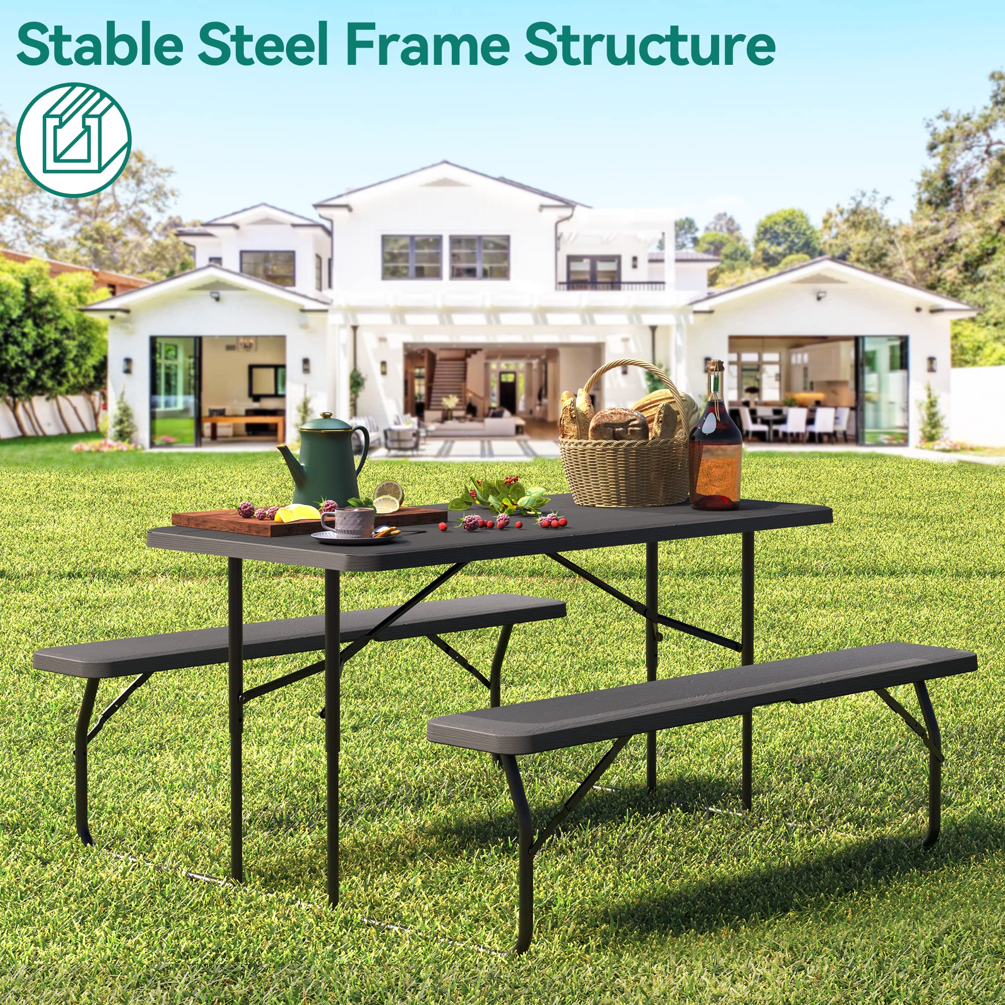YITAHOME Folding Picnic Table with Benches - Easy Assembly Steel Frame & Wood-Like Tabletop, All-Weather Outdoor Dining Set for Yard, Patio, Lawn, Camping, BBQ Party - Black