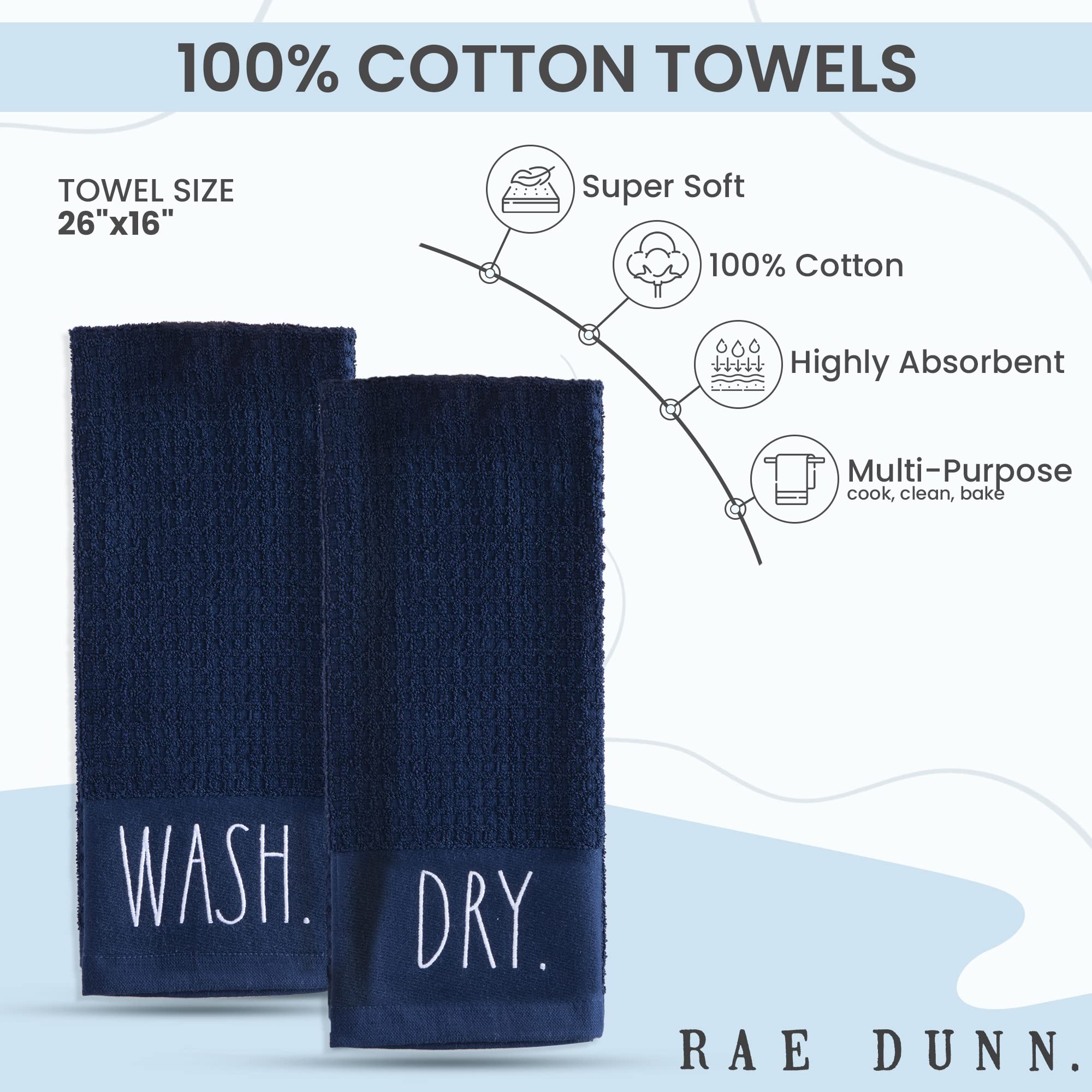 Rae Dunn 2-Pack 100% Cotton Embroidered Hand Towels for Kitchen & Bathroom - Soft Absorbent Dish Towels & Decorative Towels in Navy - Machine Washable - Perfect for Cooking, Cleaning & Home Decor