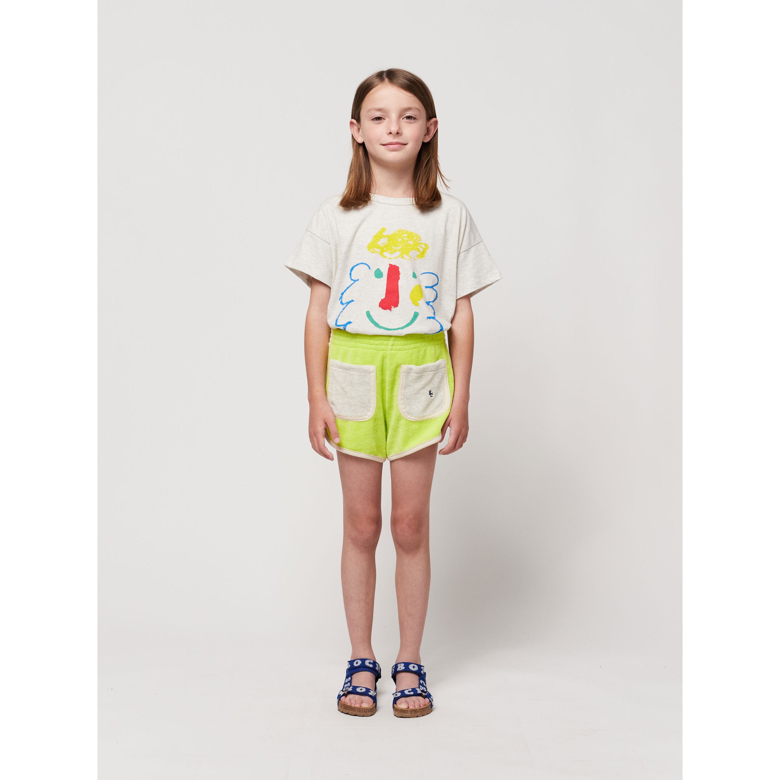 Bobo Choses Happy Mask Graphic T-Shirt for Kids - Light Heather Grey - Soft Cotton Tee for Playdates, School & Everyday Fun