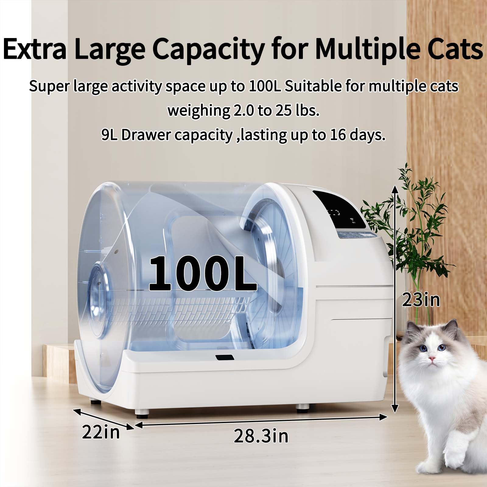 UPFAS 100L Extra Large Automatic Self-Cleaning Cat Litter Box with APP Control, Safe Alert & Smart Health Monitor - Odor-Free Multi-Cat Litter Box (White) - Perfect for Busy Pet Owners & Multi-Cat Households