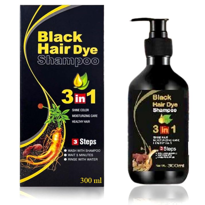 BLOSDREAM Herbal 3-in-1 Instant Black Hair Dye Shampoo for Women & Men - 100% Gray Coverage, Natural Formula, 300ml (Black) | Perfect for Quick Touch-Ups at Home, Salon-Quality Results, Safe for All Hair Types