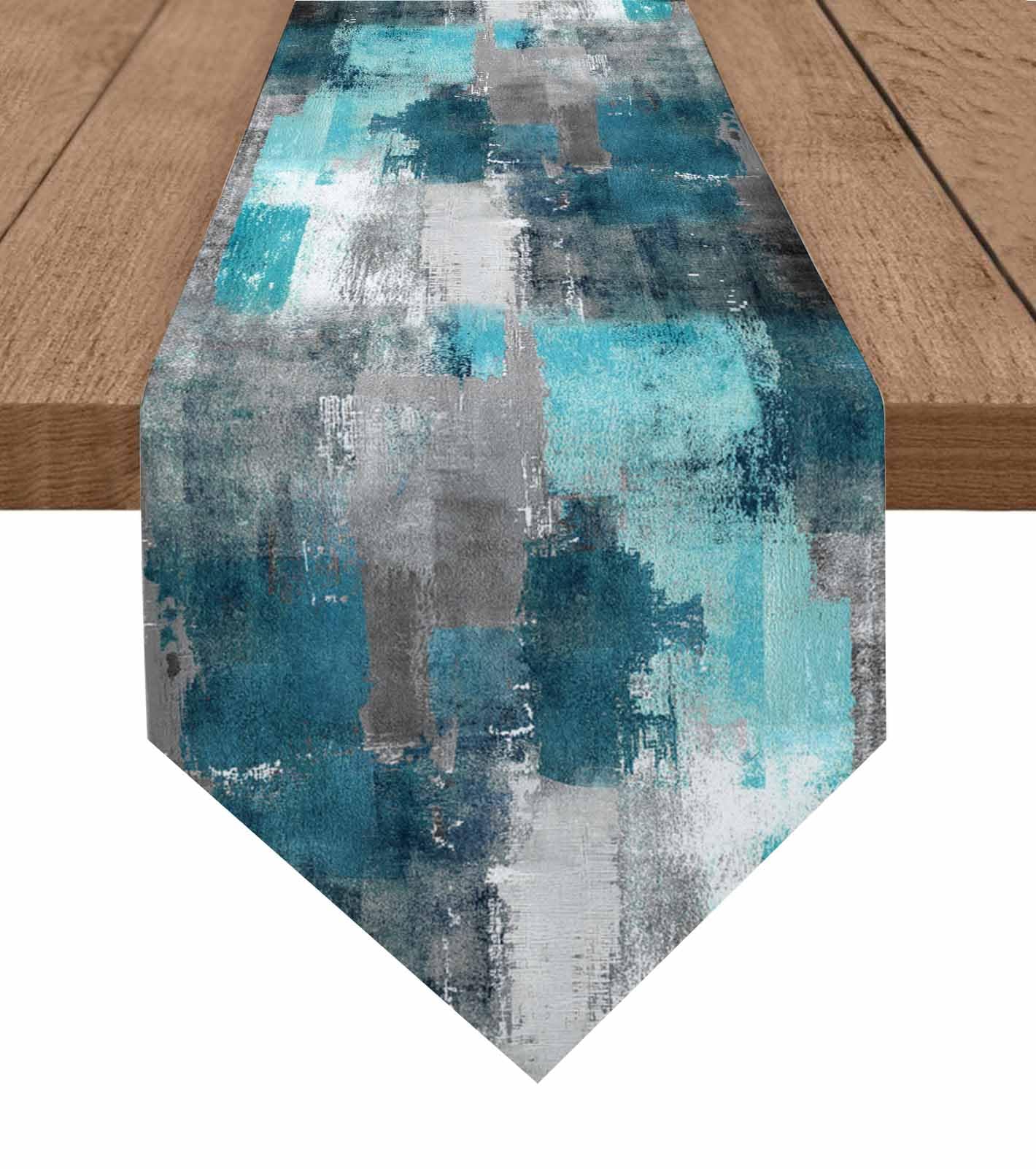 Turquoise Grey Burlap Table Runner 13x70 Inch - Farmhouse Style Modern Abstract Art Table Decor for Kitchen Dining Room - Perfect for Family Gatherings, Holiday Dinners & Rustic Home Decor