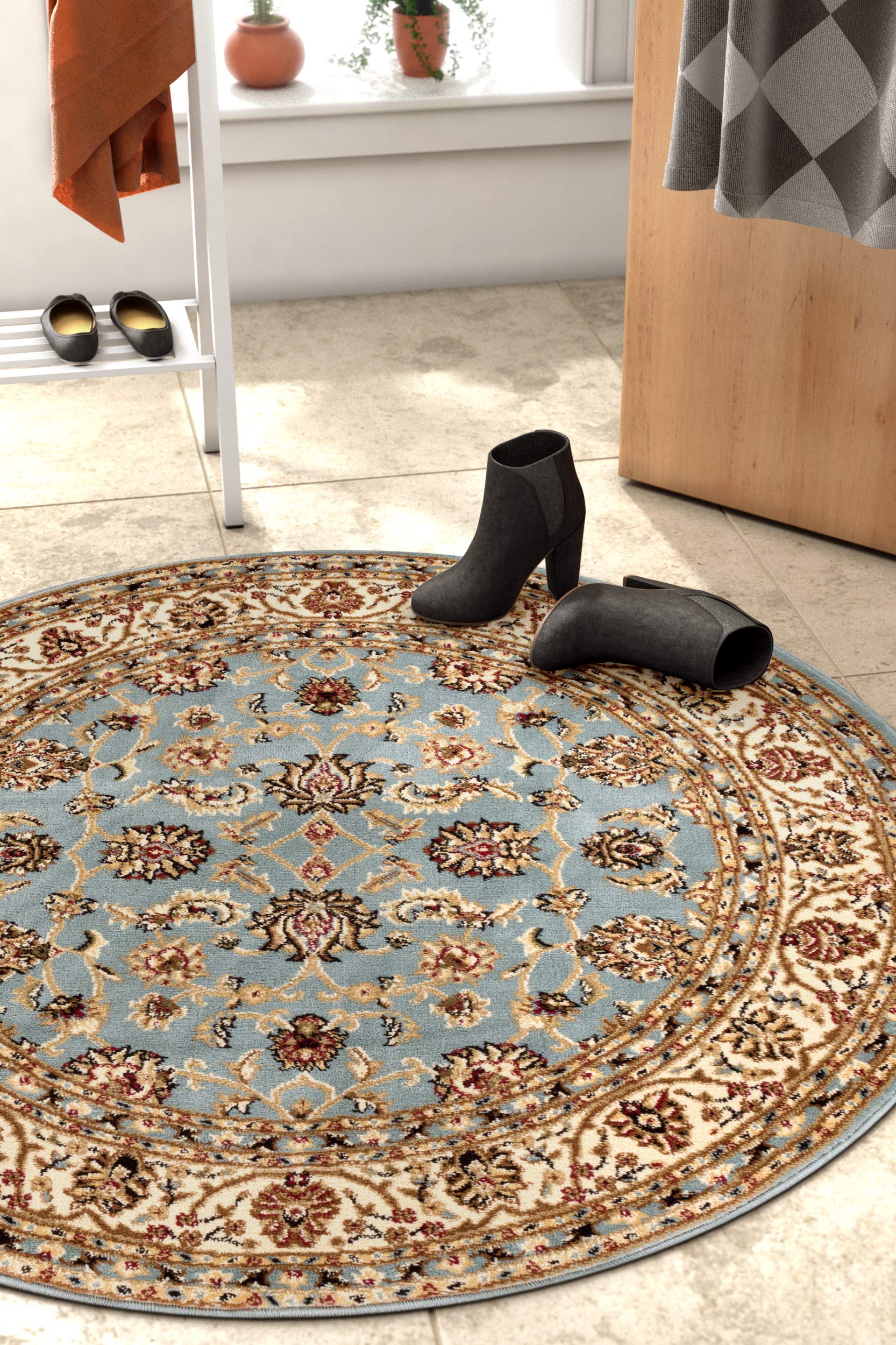 Well Woven Barclay Collection Sarouk Light Blue 8 ft Round Area Rug - Soft Non-Slip Living Room, Bedroom & Dining Room Carpet - Perfect for Home Decor, Cozy Spaces & High Traffic Areas