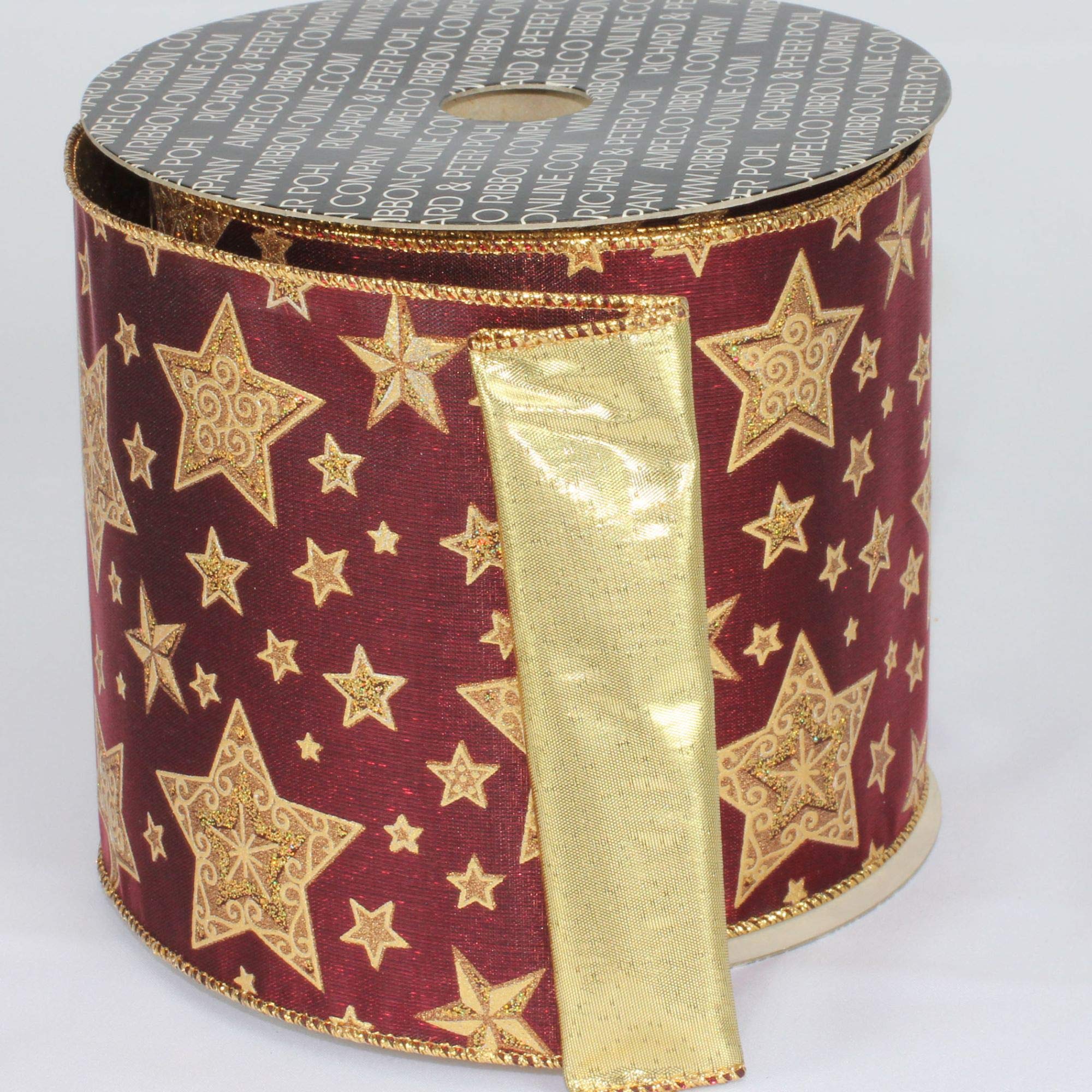 Burgundy Gold Star Print Wired Craft Ribbon - 5 Inch x 20 Yards Bulk Roll for Gift Wrapping, Holiday Decorations, DIY Crafts and Party Supplies