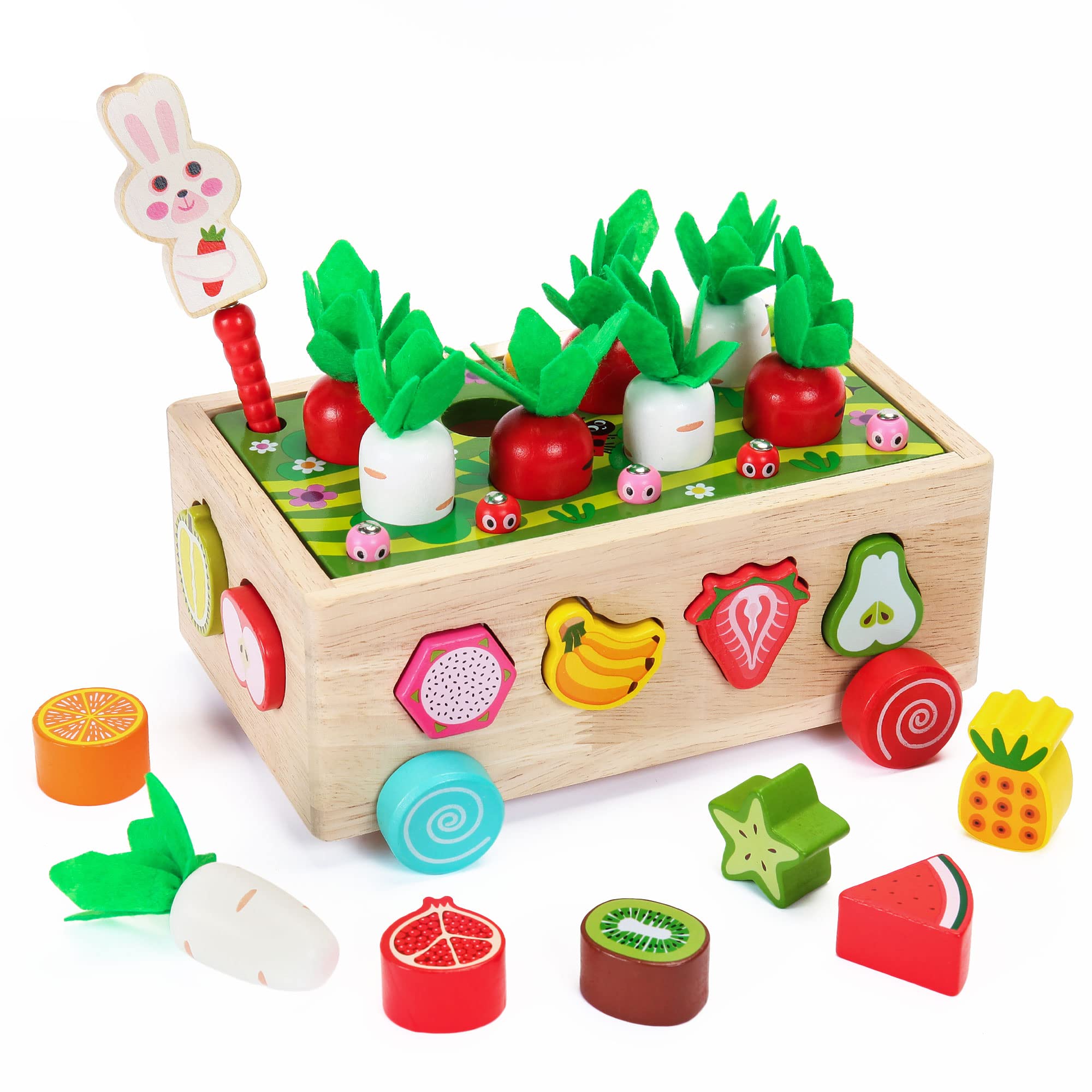 Montessori Wooden Carrot Pulling Toy for Toddlers 12-18 Months - Educational Shape Sorter Game for Fine Motor Skills Development - Best Learning Gift for 1 2 3 Year Old Boys & Girls - Perfect for Preschool Classroom, Daycare & Home Playtime