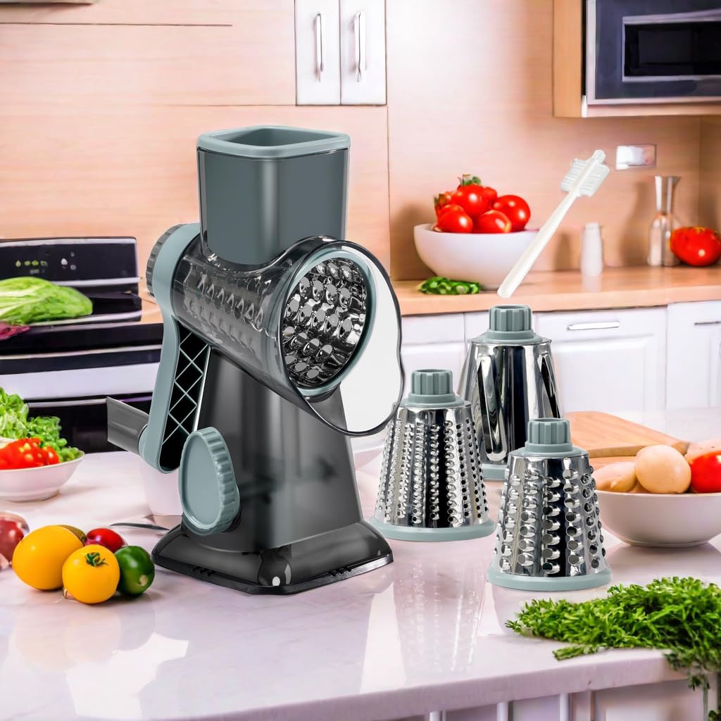 Rotary Cheese Grater with Handle - 3 Interchangeable Blades for Shredding Cheese, Vegetables, Nuts & Chocolate - Perfect for Kitchen, Salad Prep & Baking Needs
