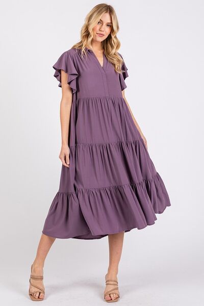 Stylish Mittoshop Ruffle Sleeve Collared V-Neck Tiered Midi Dress for Women | Floral Print Summer Party & Wedding Guest Outfit