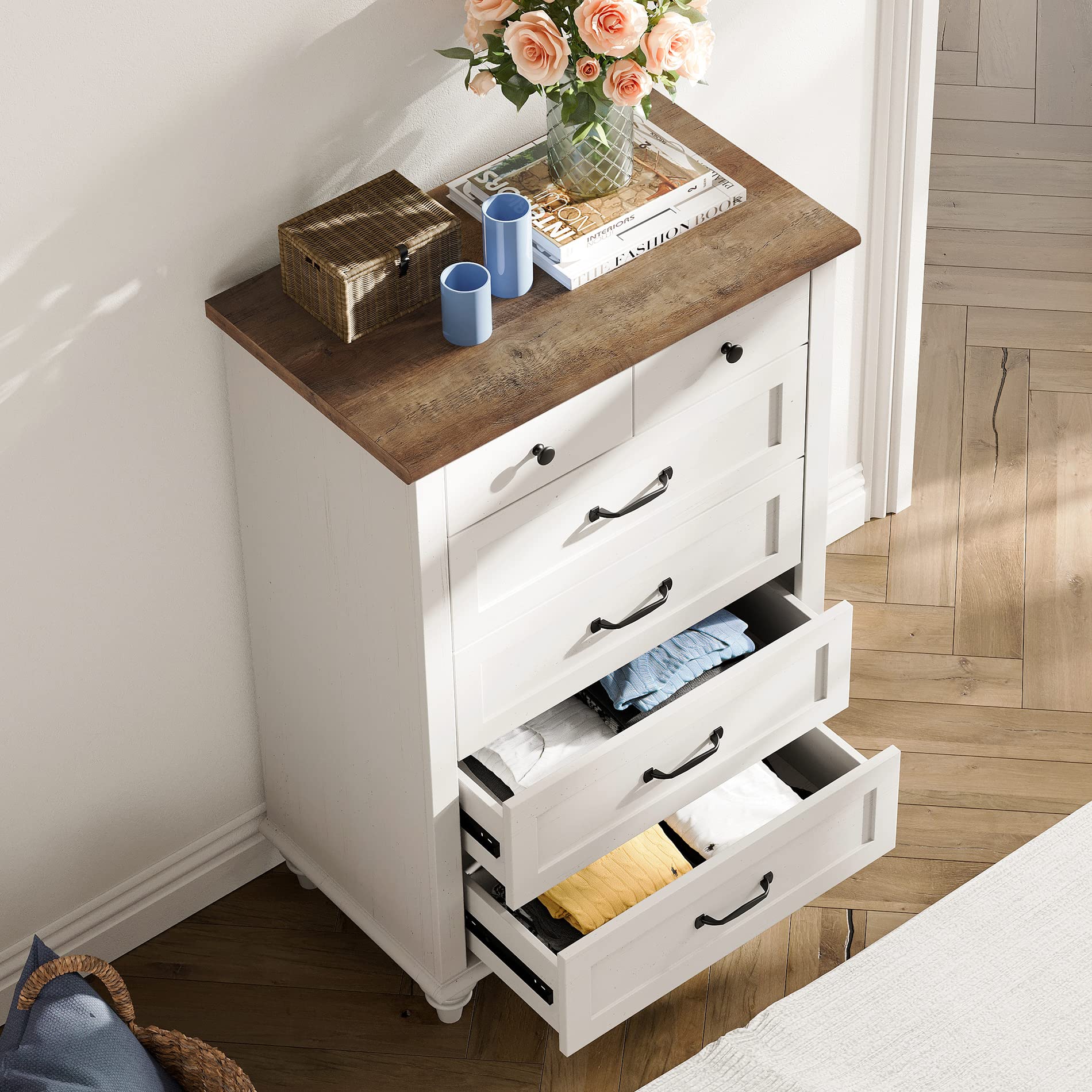 WAMPAT White 5-Drawer Dresser for Bedroom - Mid Century Modern Wooden Chest of Drawers with Wide Storage, Kids Dresser & Closet Organizer - Perfect for Nursery, Living Room, Hallway & Small Spaces