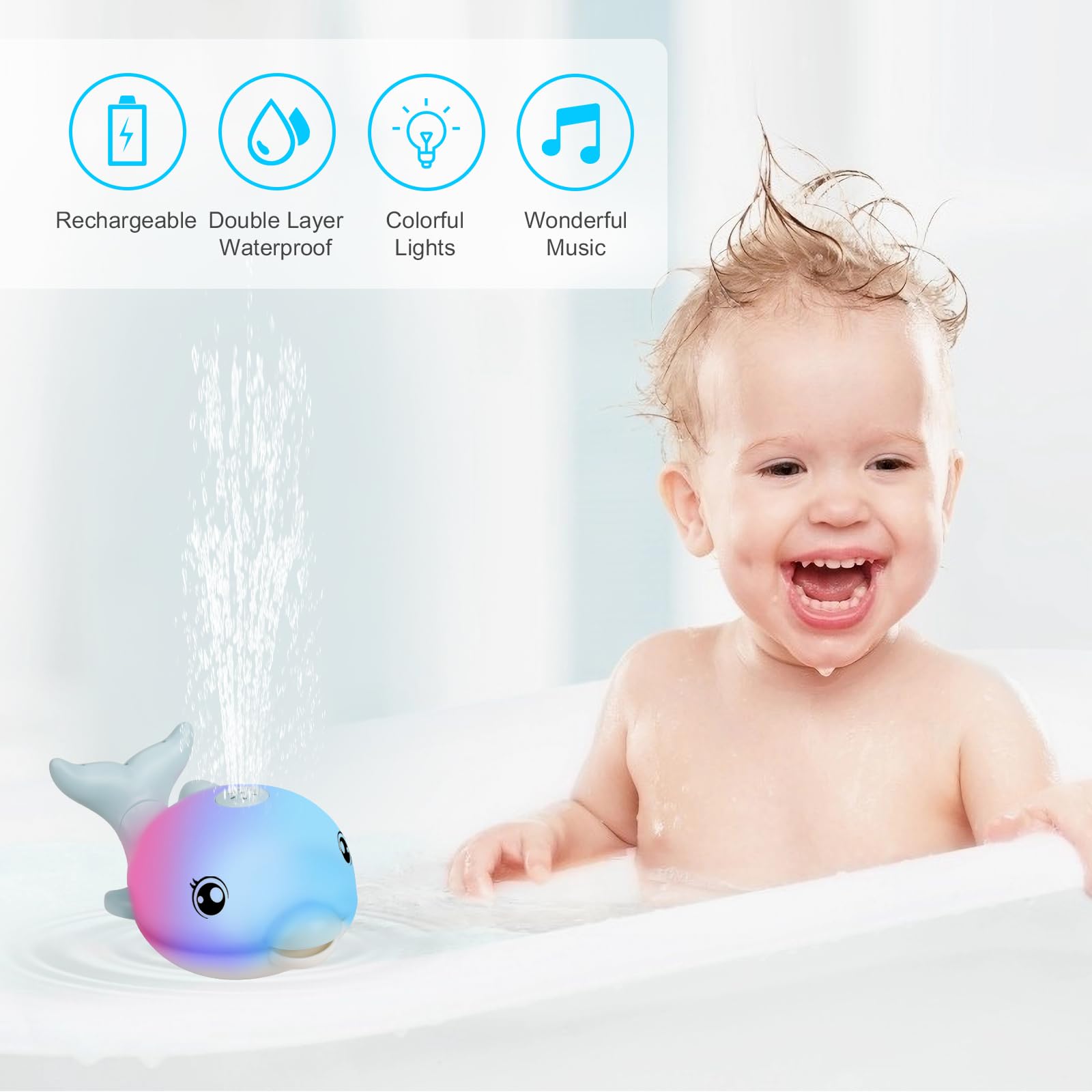 Rechargeable Light Up Dolphin Bath Toys for Babies 6-18 Months - Musical Sprinkler Bathtub Toys for Toddlers 1-4 Years Old Boys & Girls | Easter Basket Stuffers & Sensory Play Water Toys for Infants (Blue)