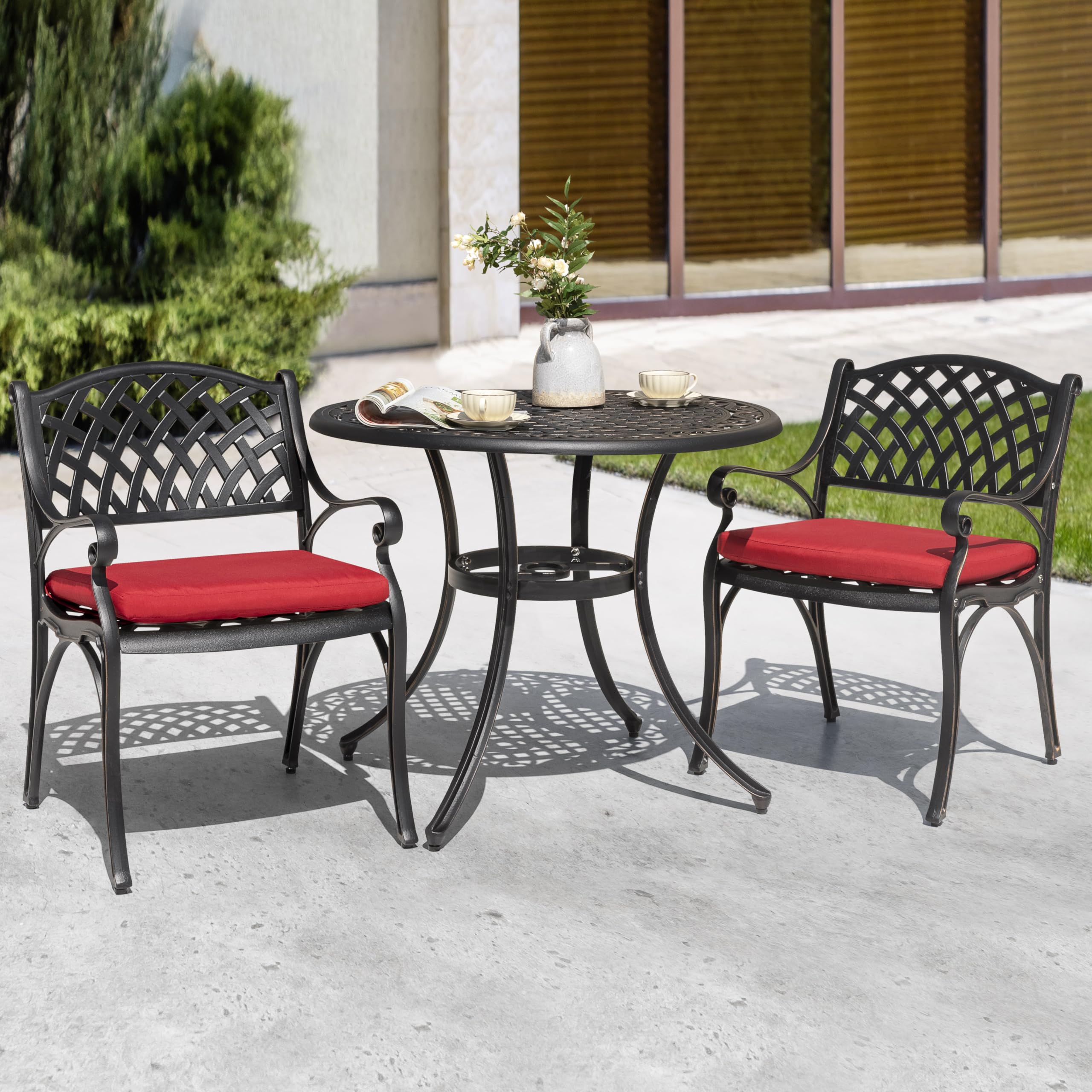 36 Inch Outdoor Patio Dining Table with Umbrella Hole - Durable Cast Aluminum Bistro Table in Black & Antique Bronze Finish - Perfect for Garden, Backyard, Poolside or Restaurant Outdoor Seating