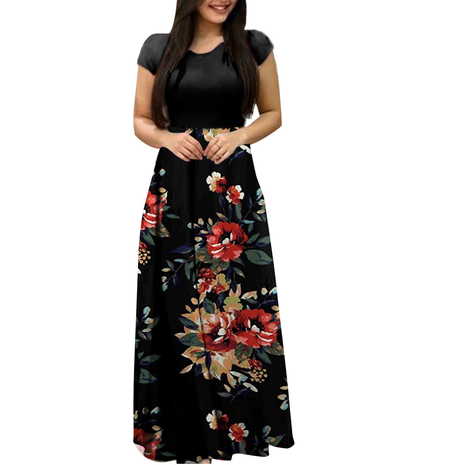 Women's Casual Floral Print Midi Swing Dress with Short Sleeves - Summer Sundress in Black (Size M) | Perfect for Beach Vacations, Date Nights & Outdoor Parties