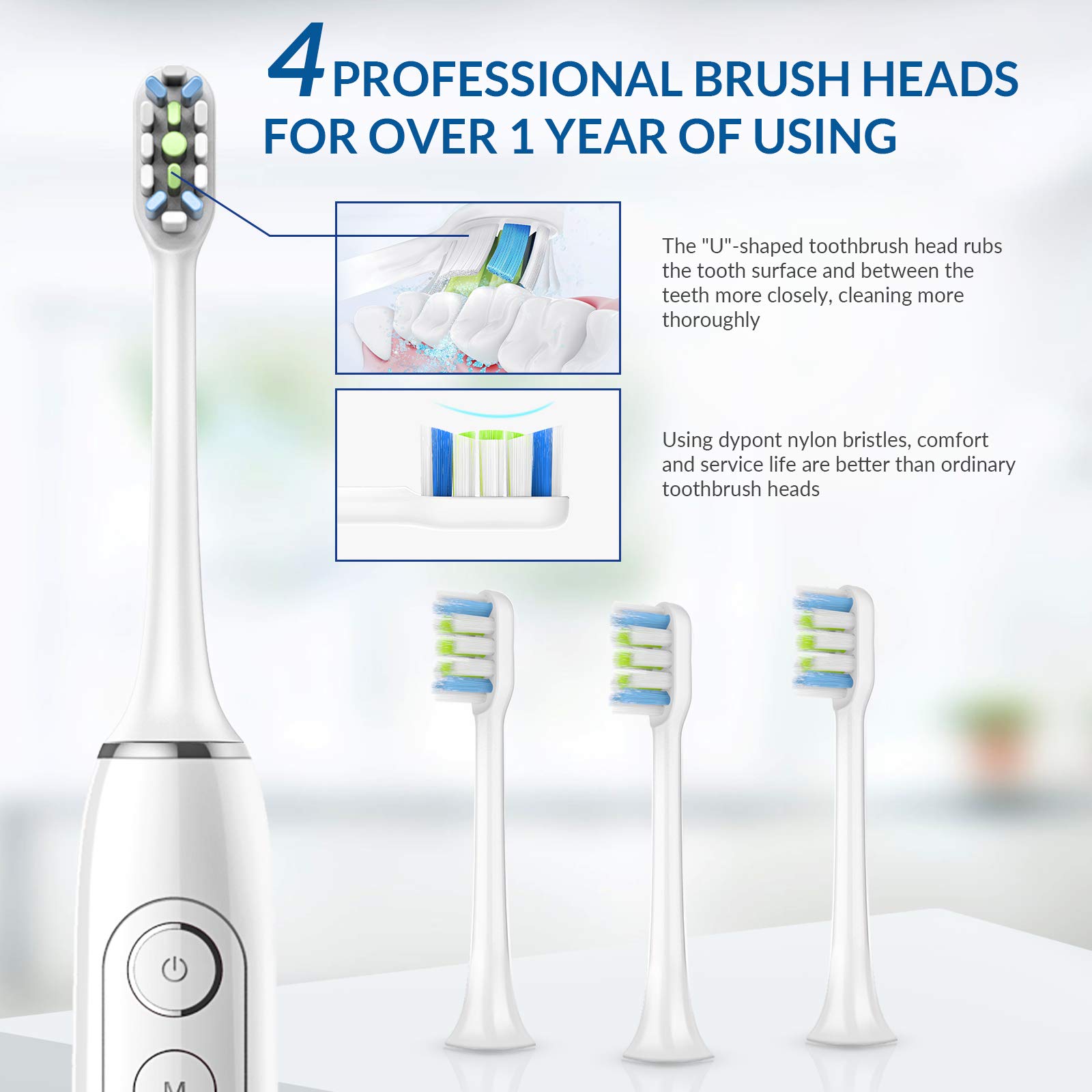 Rechargeable Sonic Electric Toothbrush for Adults - 5 Cleaning Modes, 4 Replacement Brush Heads, 1800mAh Long-Lasting Battery with Smart Timer - Professional Teeth Whitening & Plaque Removal - Perfect for Travel, Home & Daily Oral Care Routine