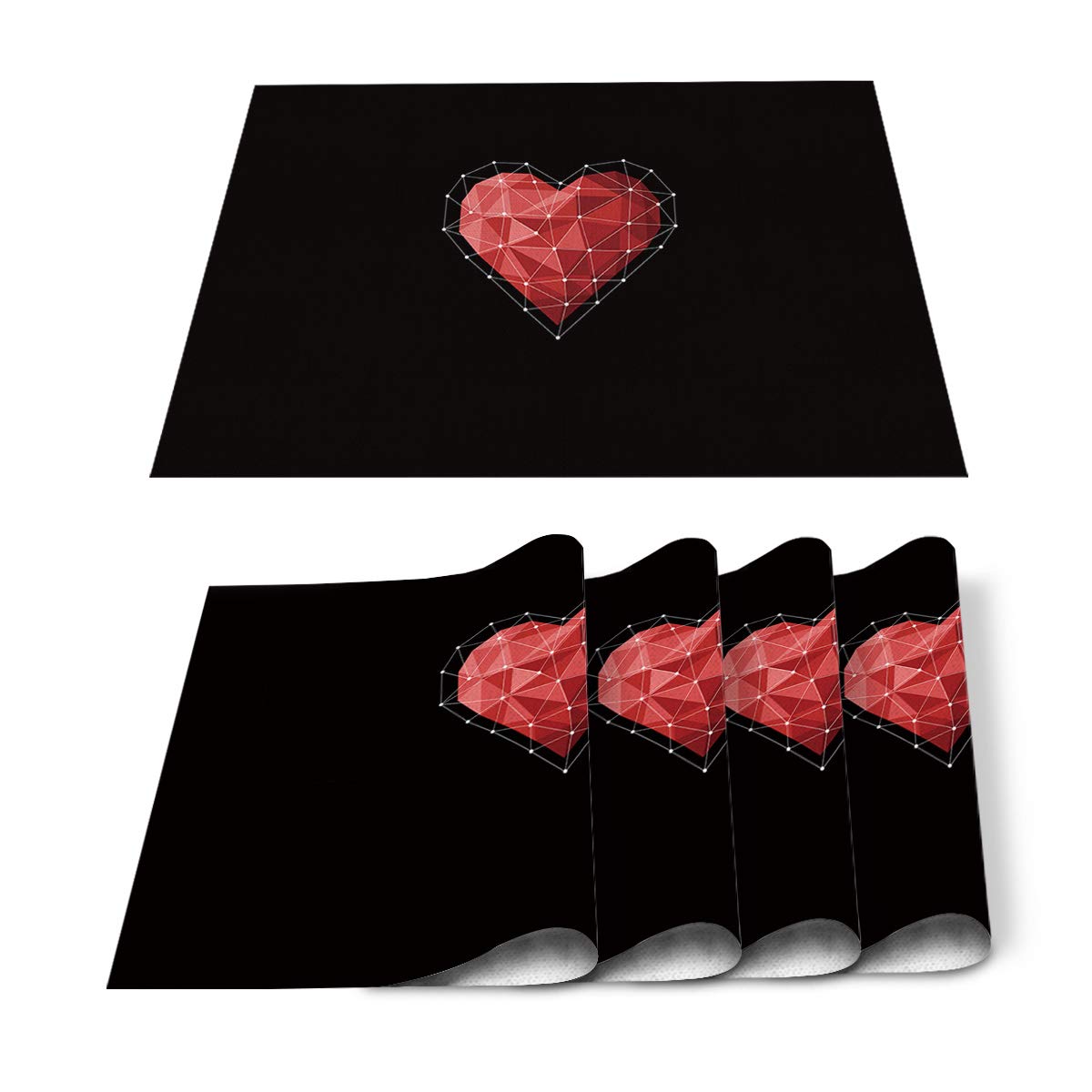 EZON-CH Durable Non-Slip Table Mats Set of 4 - Stain Resistant Washable Placemats for Dining, Kitchen & Restaurant Use - Heart-Shaped Valentine's Day Design in Black & Red - Perfect for Romantic Dinners, Holiday Decor & Everyday Meals