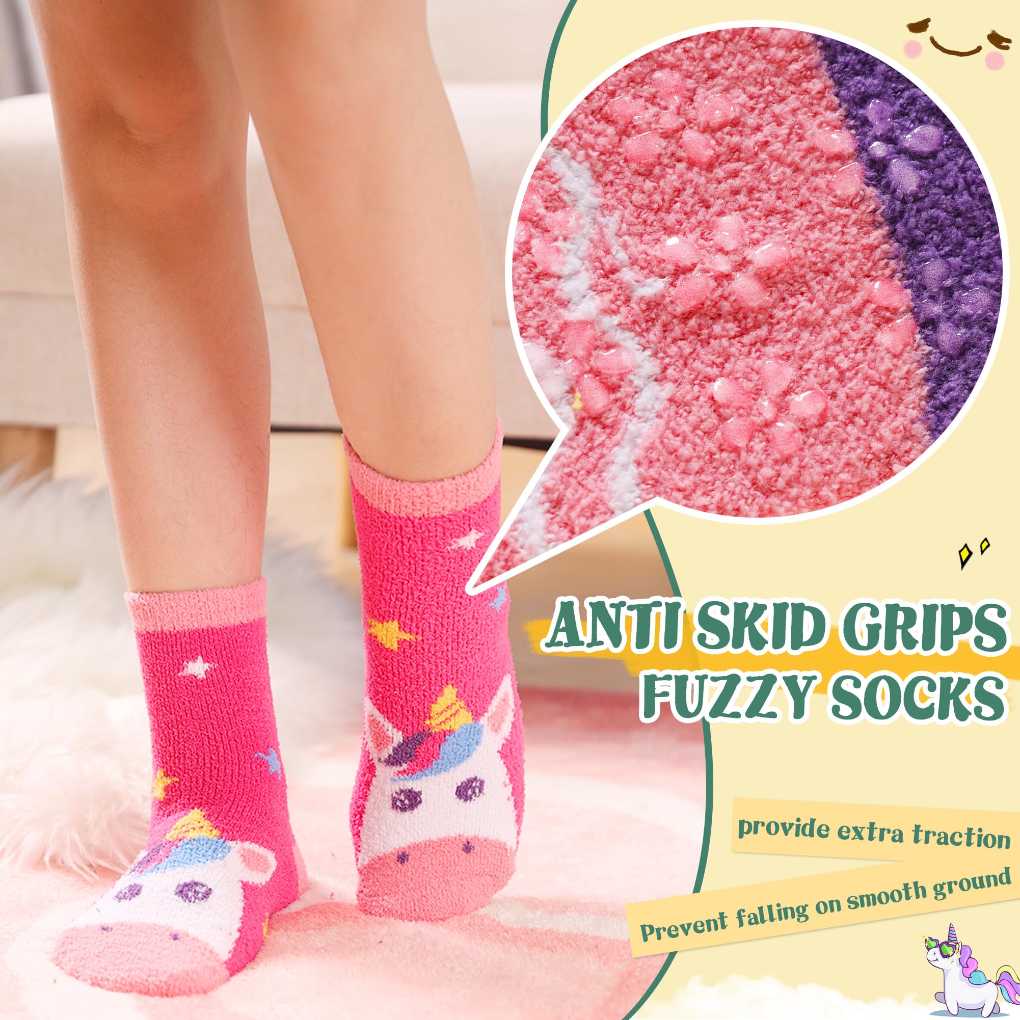**Non-Slip Fuzzy Slipper Socks for Kids - Warm & Soft Plush Thermal Crew Socks (6 Pairs) - Perfect for Winter, Indoor Play & Cozy Home Wear**