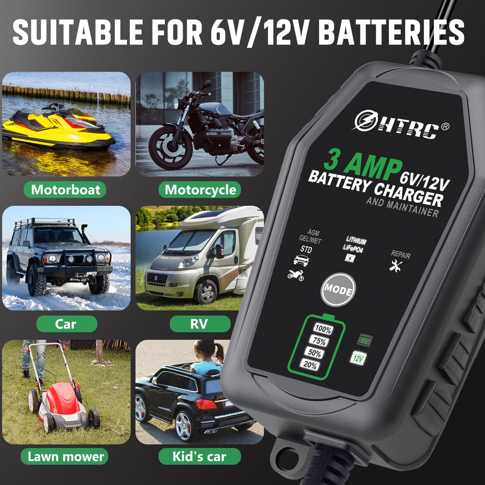 3-Amp Smart Car Battery Charger & Maintainer - 6V/12V Fully Automatic Trickle Charger with Desulfator for Lead Acid, Lithium & LiFePO4 Batteries - Ideal for Cars, Motorcycles, Boats & RV Battery Maintenance