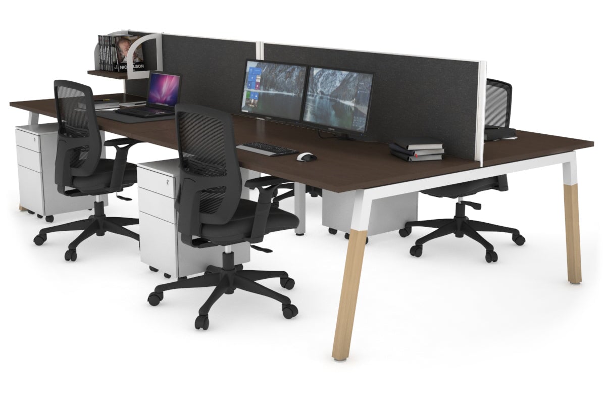 Quadro A Legs 4-Person Office Workstation with Wood Legs & Cross Beam - 1400L x 800W Dimensions, Cable Management Scallop | Perfect for Collaborative Workspaces & Modern Offices
