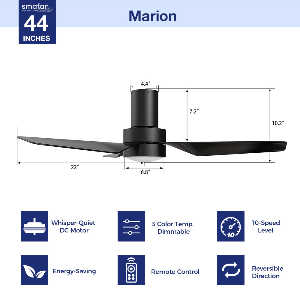 44 Inch Marion Low Profile Ceiling Fan with LED Light and Remote Control - Perfect for Bedroom, Living Room, and Indoor Spaces