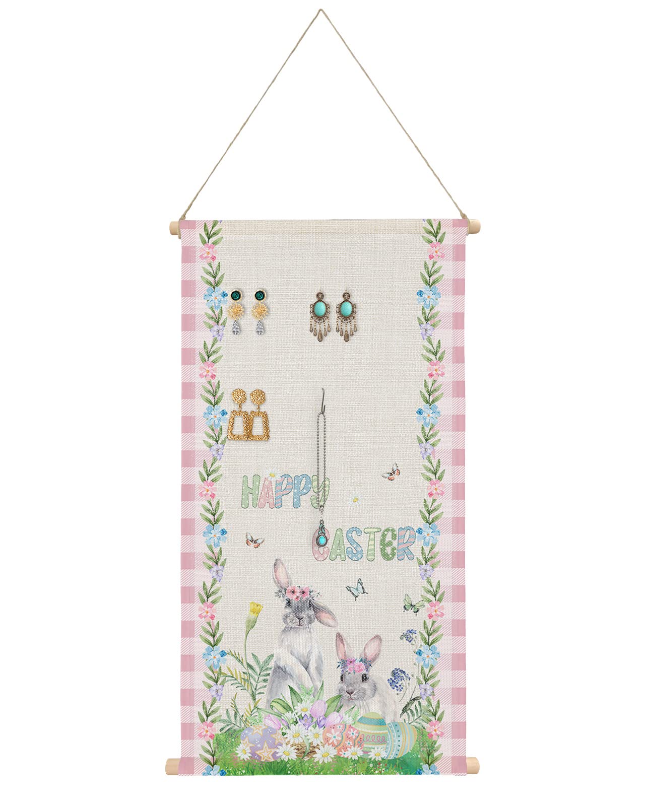 Pink Buffalo Plaid Hanging Earrings Organizer - Spring Flower Easter Egg Bunny Jewelry Holder & Wall Door Storage Display for Women's Earring Collection | Perfect for Bedroom, Bathroom, Closet Organization