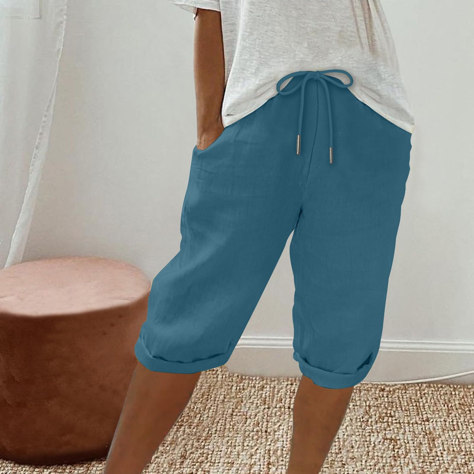 Women's Linen Bermuda Shorts - High Waisted Summer Shorts with Pockets for Beach & Lounge