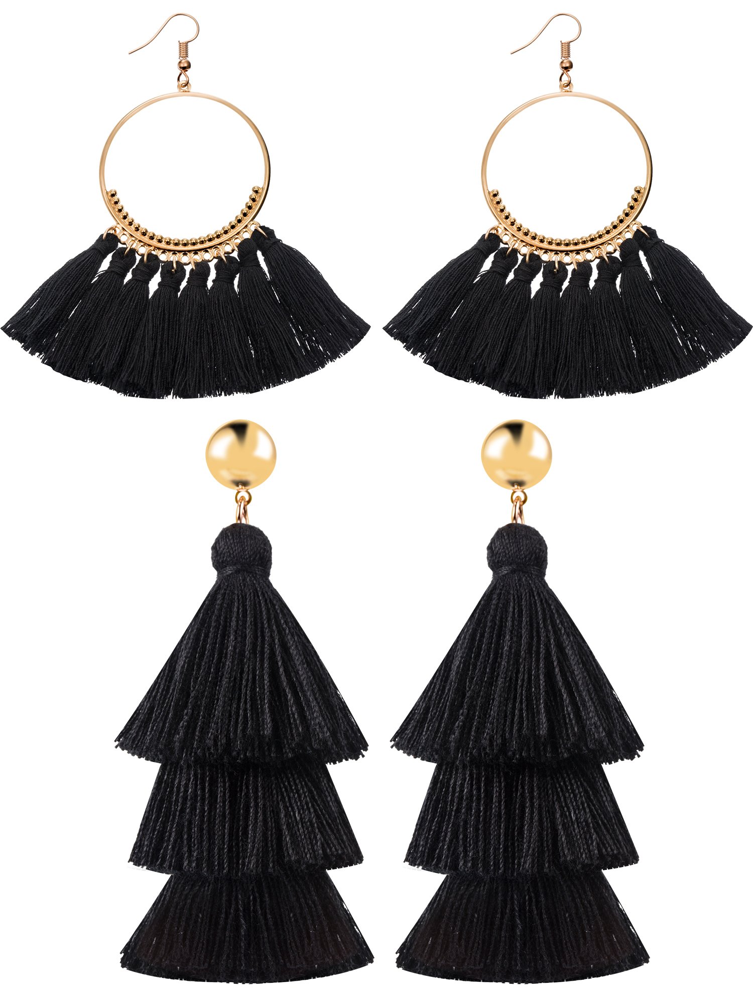 Hestya 2 Pairs Handmade Tassel Earrings for Women - 3 Tiered Dangle Earrings & Gold Hoop Earrings Set | Boho Chic Jewelry for Parties, Weddings & Everyday Wear