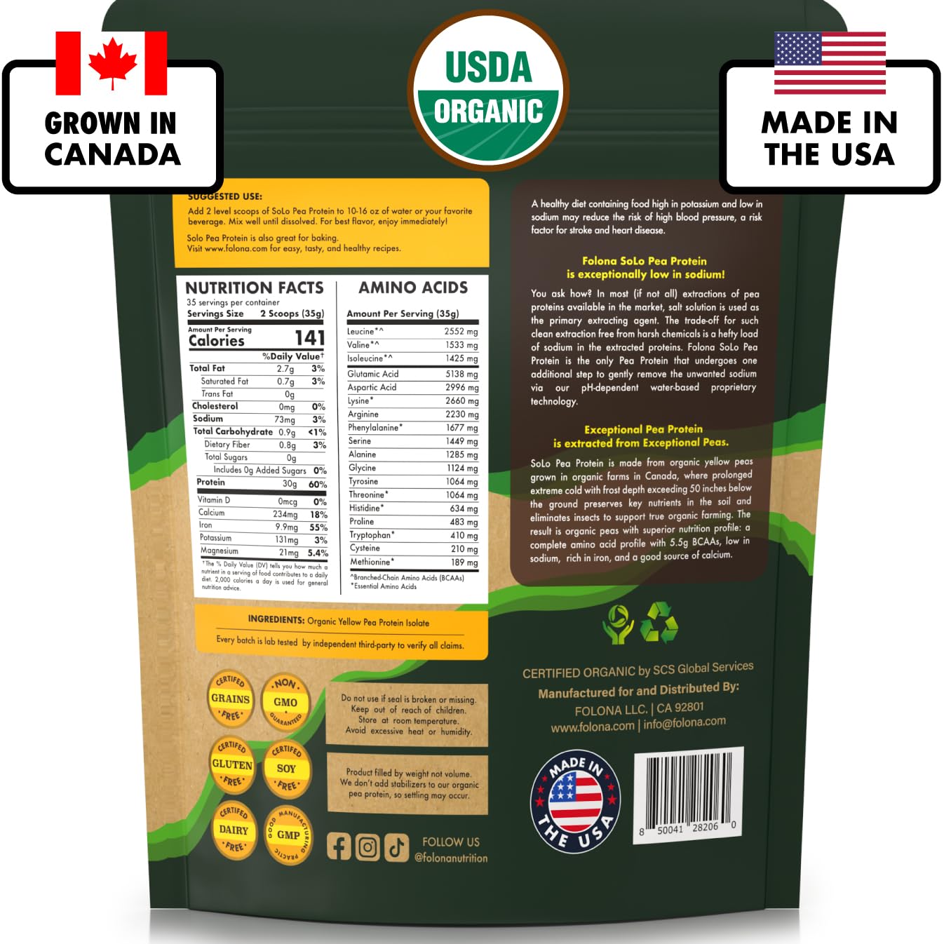 Organic Pea Protein Powder - 100% Vegan, Non-GMO, Unflavored Plant-Based Protein with BCAA - Low Sodium, Canada Grown Peas (2.7 lbs) - Perfect for Smoothies, Baking & Post-Workout Recovery