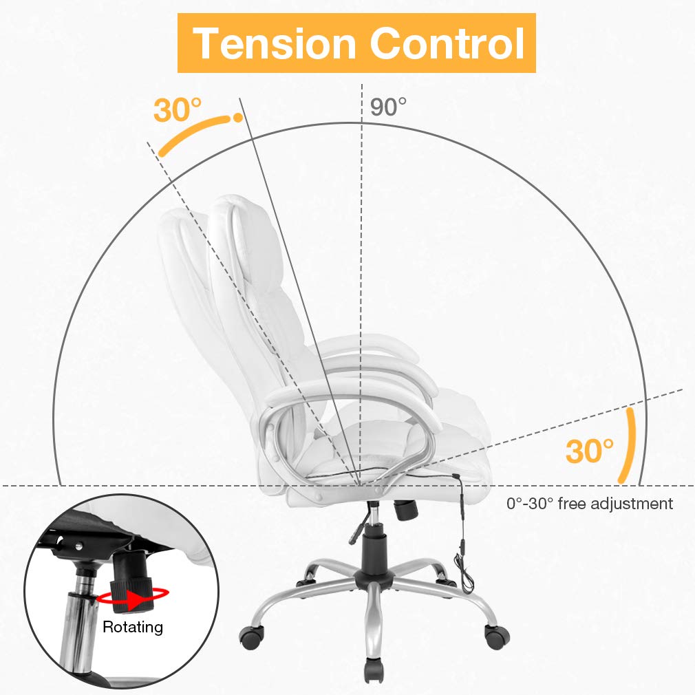 Best Ergonomic Office Chair - White Faux Leather Executive Chair with Lumbar Support, Massage & Vibration, 360° Swivel & Adjustable Armrests - Perfect for Home Office, Gaming, and Corporate Workspaces