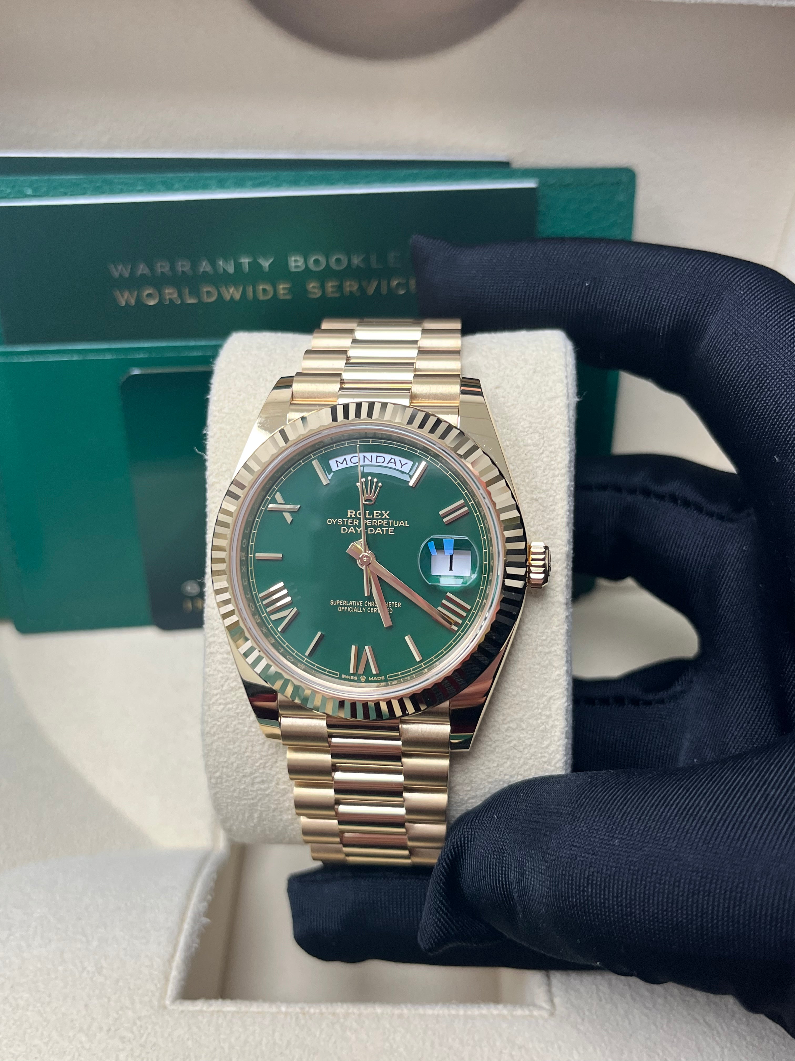 Rolex Day Date 40mm Men's Watch - 18K Yellow Gold Case, Green Roman Dial (Model 228238) | Luxury Dress Watch for Business & Formal Occasions