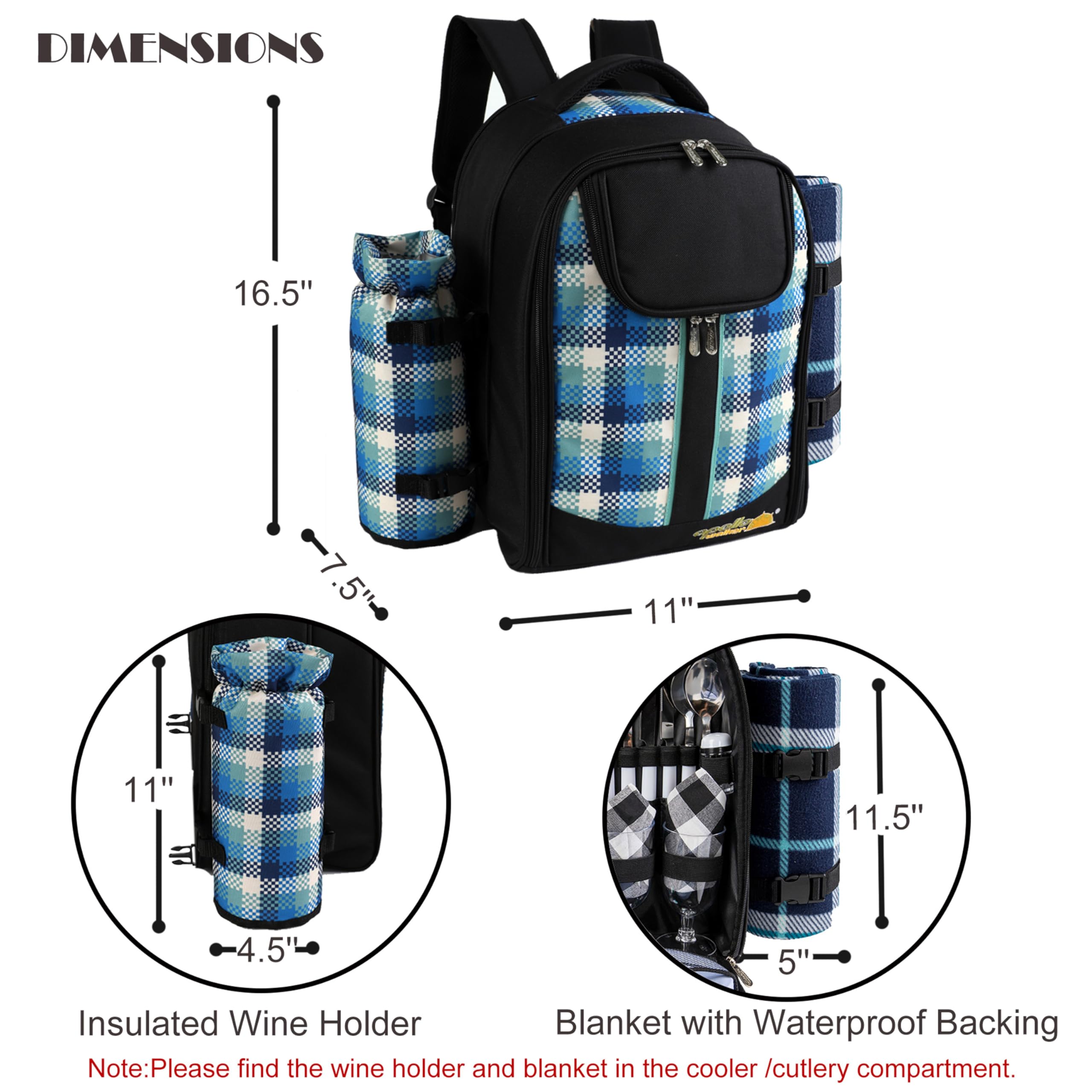 Apollo Walker 4-Person Picnic Backpack with Insulated Cooler Compartment, Detachable Wine Bottle Holder, Fleece Blanket & Complete Cutlery Set (Black) - Perfect for Outdoor Picnics, Beach Trips, Camping and Family Gatherings
