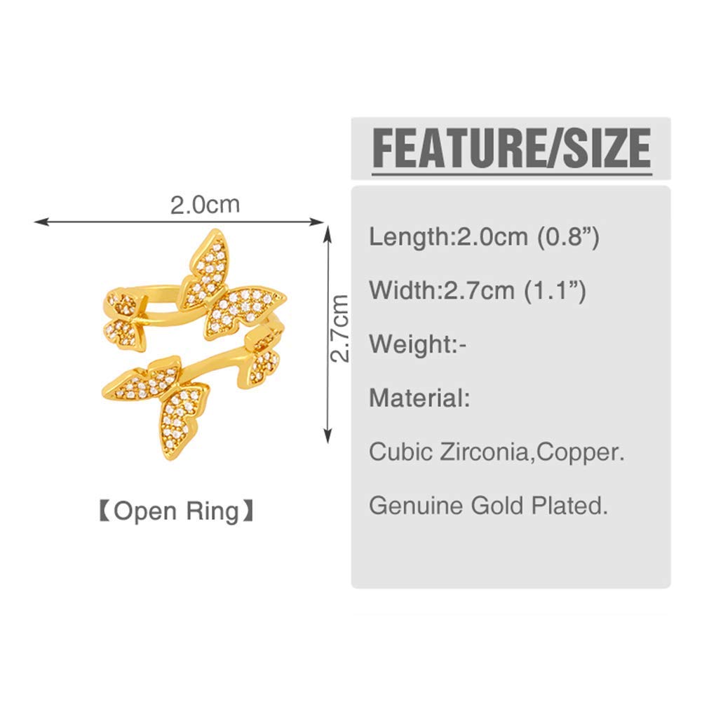 Vintage Gold-Plated Butterfly & Snake Statement Rings for Women - Adjustable Open Rings with Cubic Zirconia | Elegant Boho Jewelry for Parties, Weddings & Everyday Wear