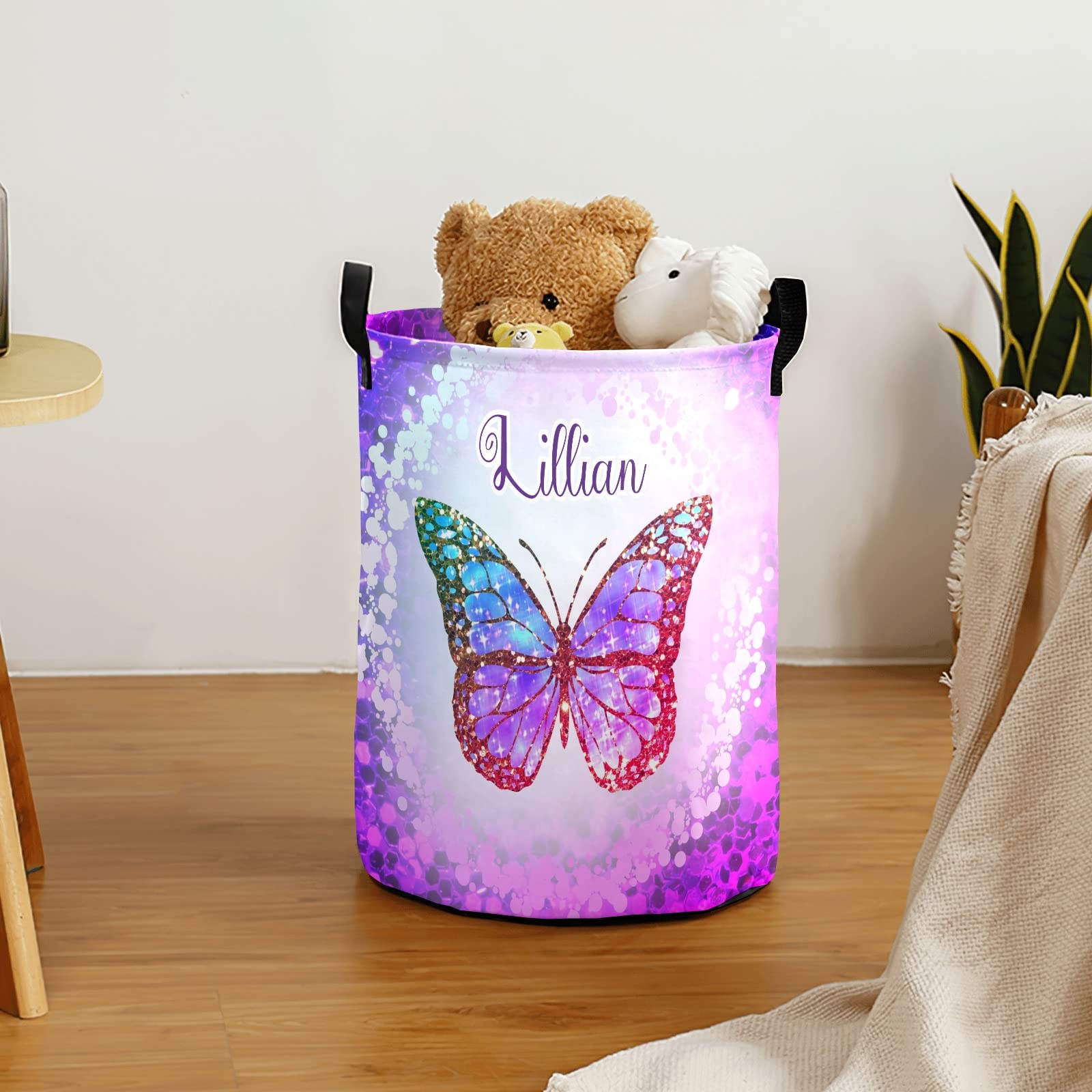 Custom Personalized Purple Butterfly Laundry Basket with Handles - Waterproof Collapsible Clothes Hamper for Bedroom & Bathroom - Large Capacity Storage Organizer for Home, Dorm, Laundry Room Decor