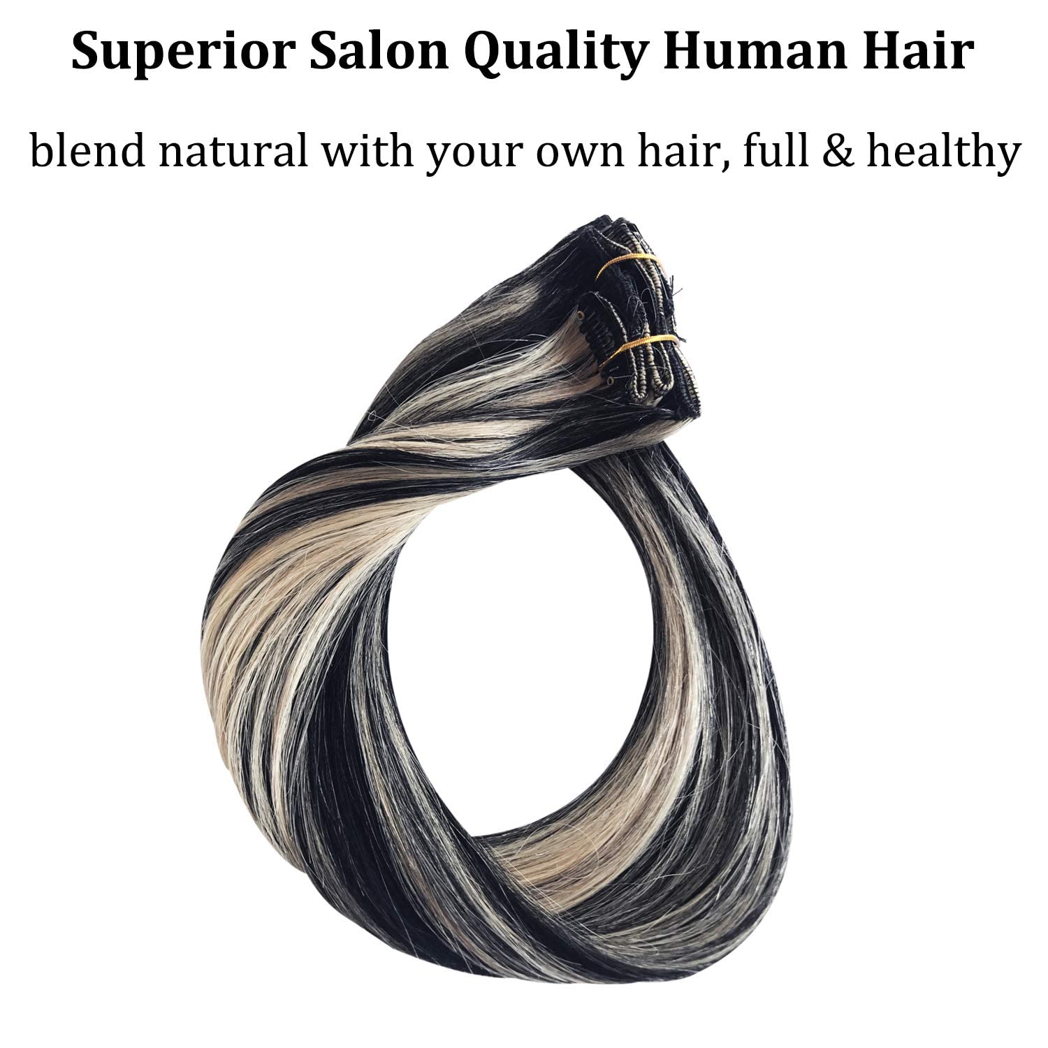 Natural Black 24 Inch Blonde Highlight Curly/Wavy Hair Extensions for Women - Full Head 5 Clip-in Human Hair Wigs for Daily Styling & Special Occasions