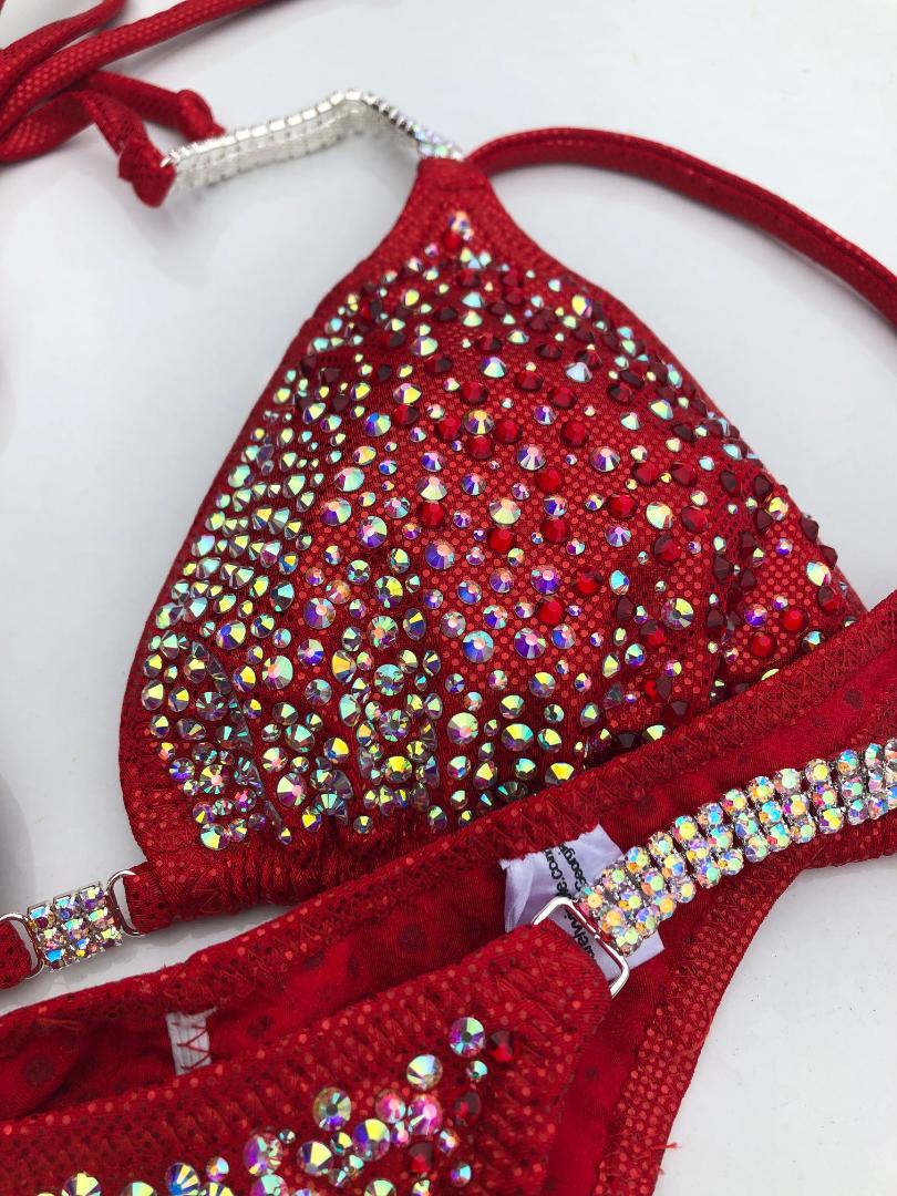 Stunning Red Bikini Competition Suit with Beaded Rhinestone & AB Crystals - Perfect for Swimwear Pageants, Beach Vacations, and Poolside Glamour
