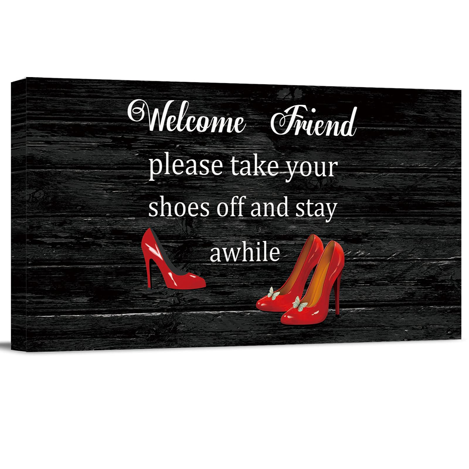 Welcome Friend Please Take Your Shoes Off Canvas Wall Art - 16x32 Inch Framed Red High Heels Painting Print for Bedroom, Living Room & Home Office Decor | Perfect for Entryway, Guest Room & Housewarming Gifts