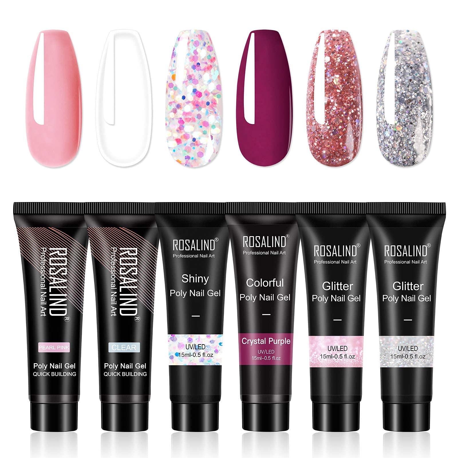 ROSALIND Poly Nail Gel Kit - 6 Colors (Lilac, Purple, Clear, Pink, Chunky Glitter) | Builder Gel for Nail Extensions & DIY Nail Art | Beginner-Friendly Home Manicure Set | Perfect for Salon, Parties & Special Occasions