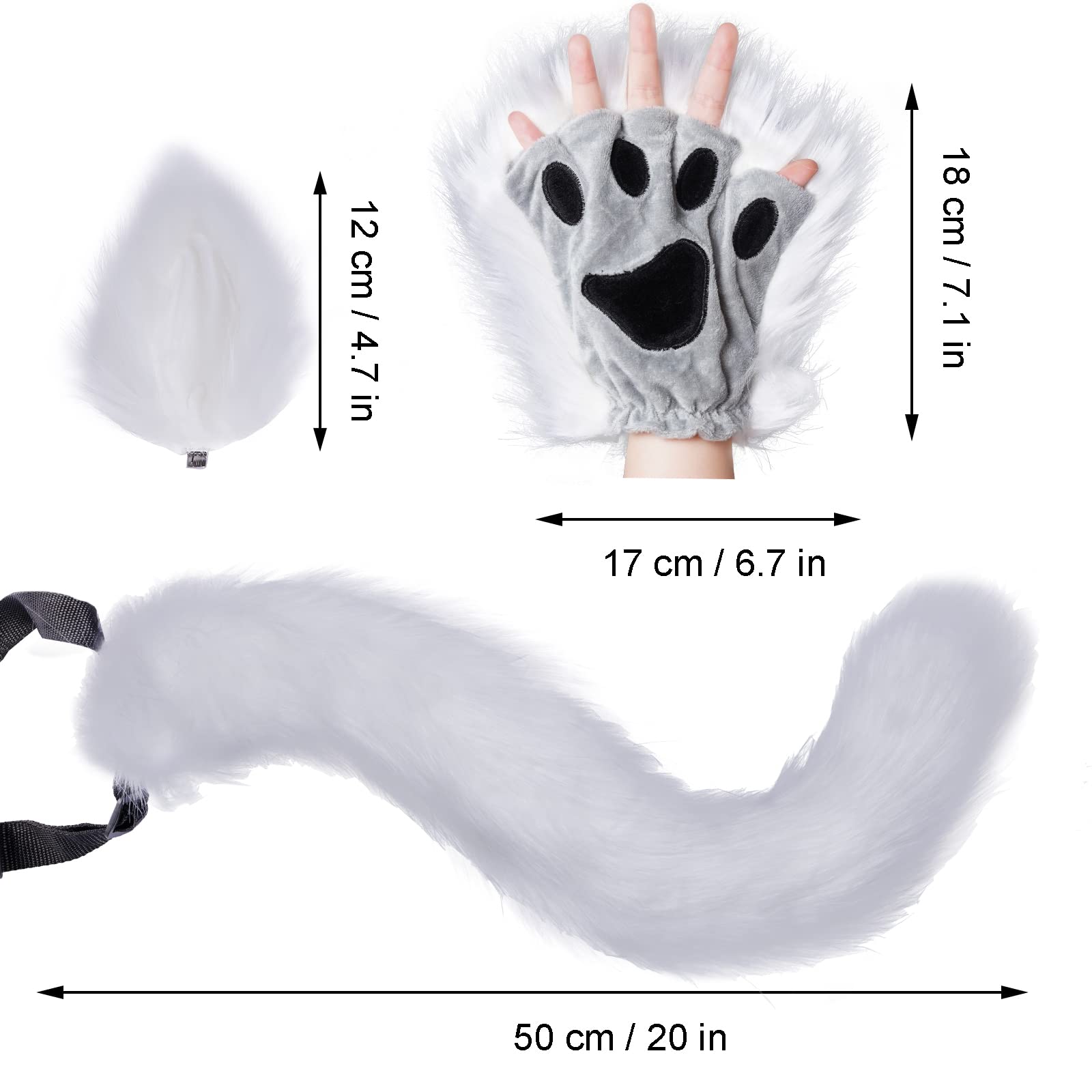 Faux Fur Wolf Fox Tail Hair Clips with Ears & Gloves Set - Halloween Christmas Cosplay Costume Accessories for Party Dress Up & Role Play