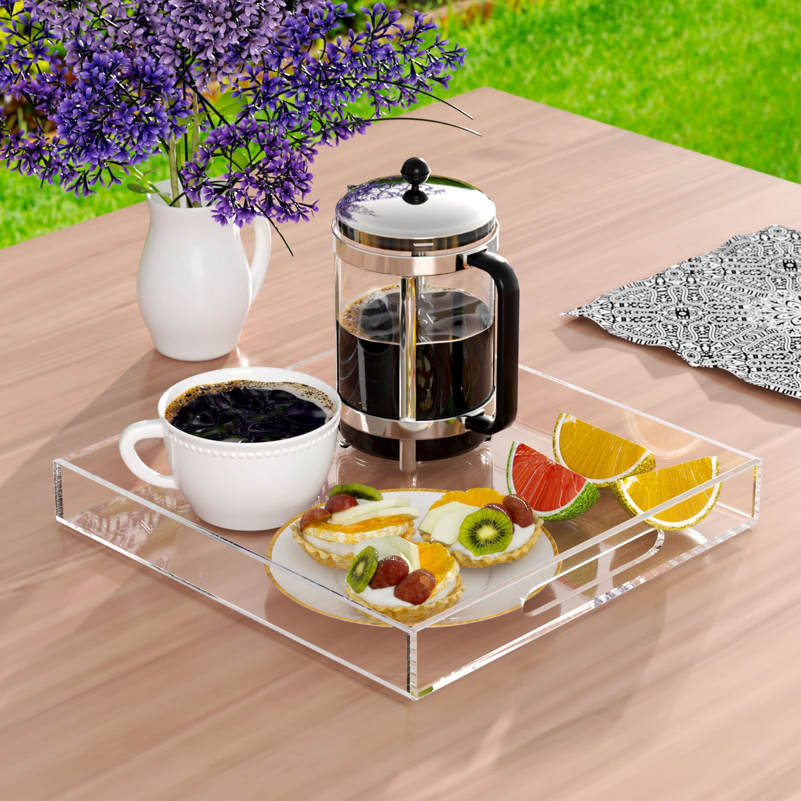 NIUBEE 10x10 Inches Clear Acrylic Serving Tray - Spill Proof Decorative Tray with Handles for Coffee Table, Ottoman, Countertop Organizer - Perfect for Home Decor, Party Serving & Bathroom Storage