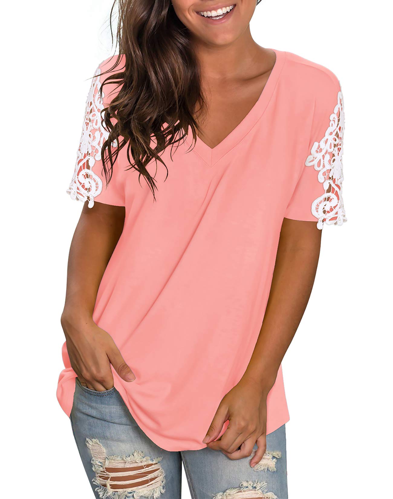 NIASHOT Women's V-Neck Short Sleeve Lace T-Shirt - Casual Summer Blouse for Work, Date Night & Everyday Wear