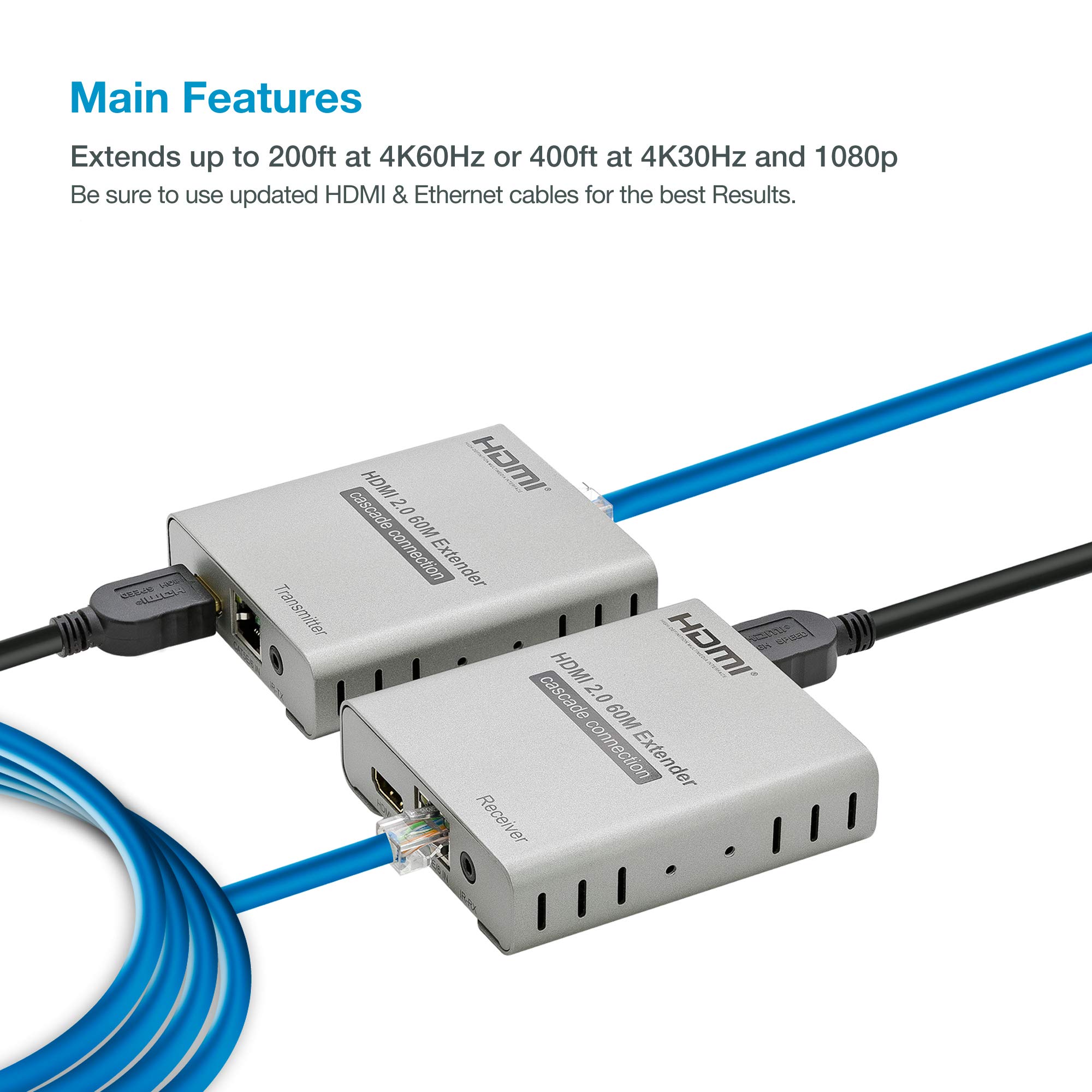 4K@60Hz HDMI 2.0 Extender Over Cat5e/Cat6/Cat7 Ethernet Cable - 200ft 4K@30Hz/1080p 400ft Range - HDR, YUV 4:4:4, HDCP 2.2 - Loop-Out & IR Control - Perfect for Home Theater, Conference Rooms and Gaming Setup