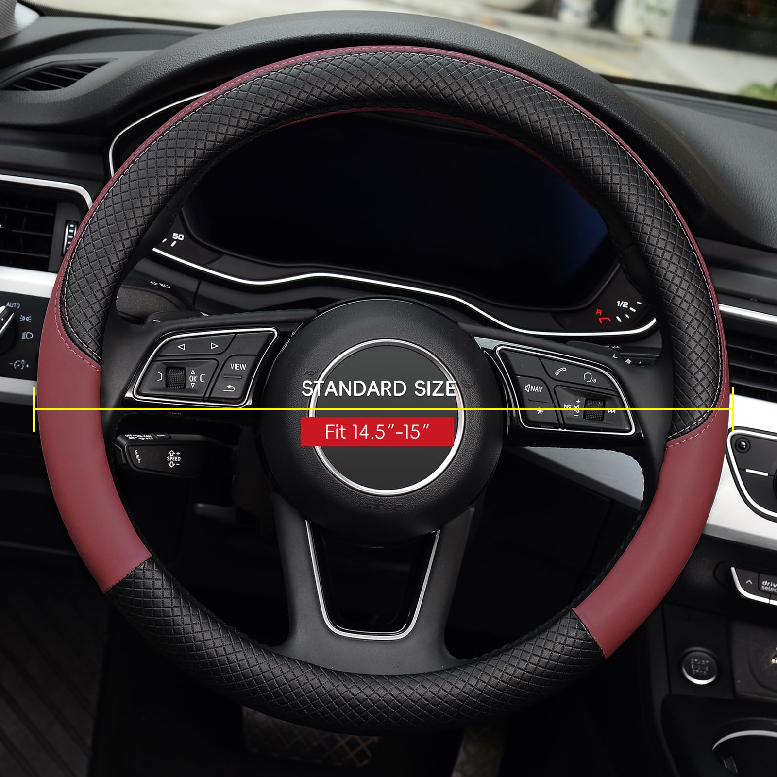 LABBYWAY Universal 15 Inch Microfiber Leather Steering Wheel Cover - Non-Slip Grip, Heat Resistant, Fits Most Cars - Perfect for Daily Commute, Road Trips & Winter Driving Protection (Claret Red)